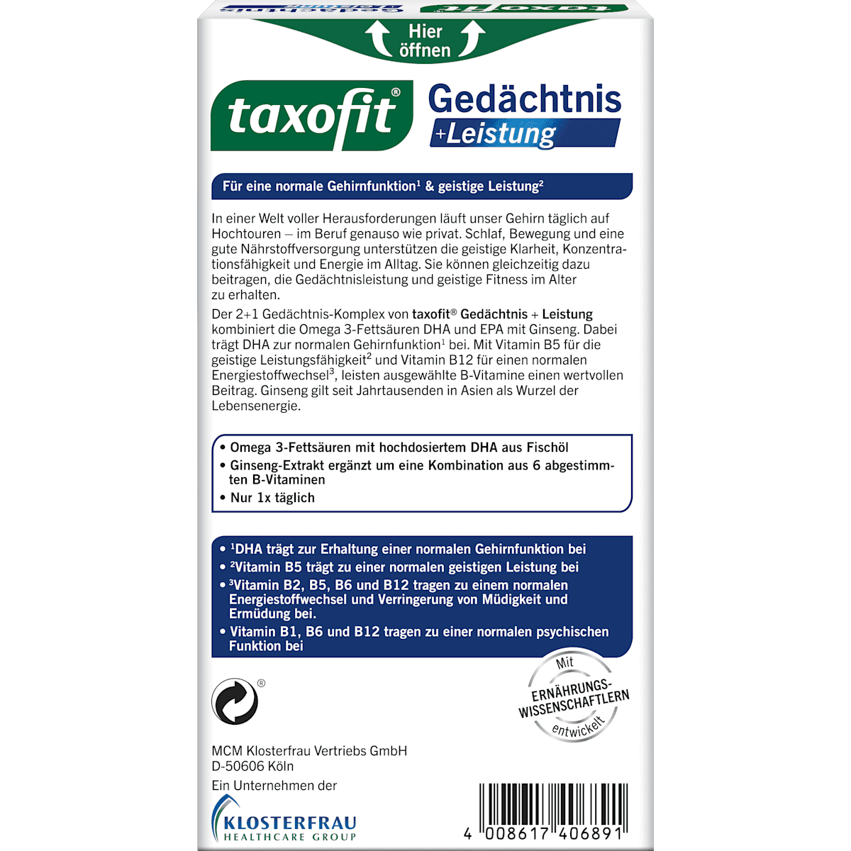 taxofit Mémoire + Performance gélules, 31,2 g (taxofit Gedächtnis + Leistung Kapseln, 31,2 g) — منتج ألماني أصلي في المغرب