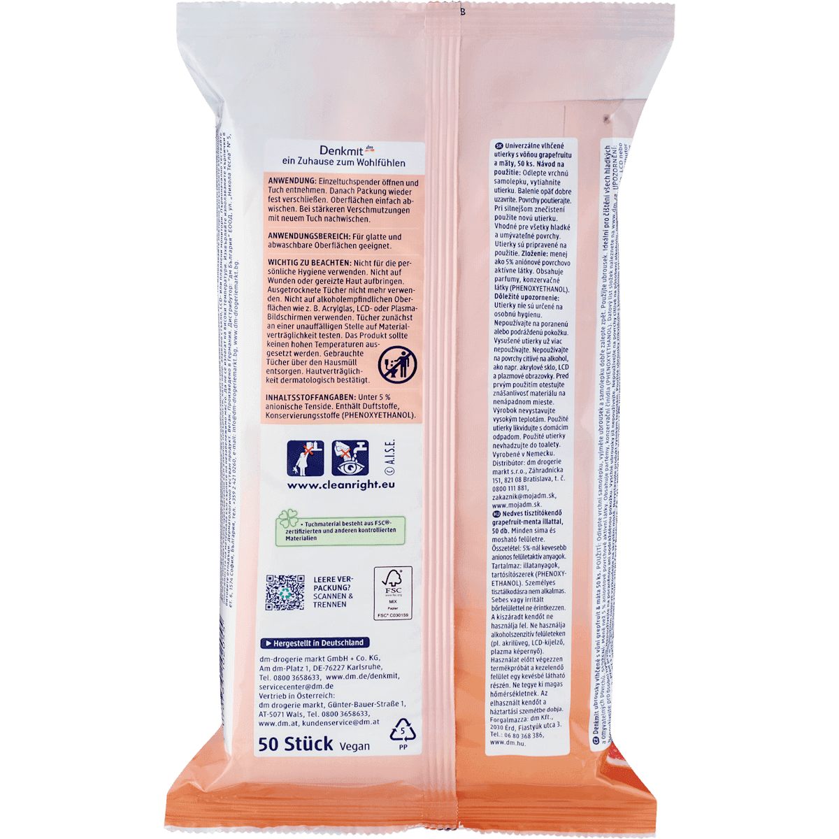 Denkmit Lingettes multi-usages humides Grapefruit & menthe, 50 pièces (Denkmit Feuchte Allzwecktücher Grapefruit & Minze, 50 St) — produit allemand authentique au Maroc