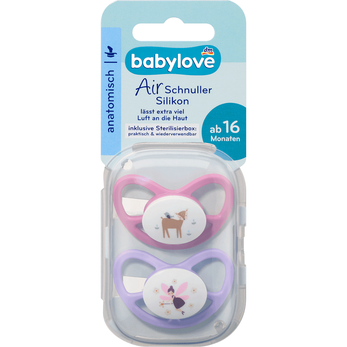 Babylove Tétine Air silicone anatomique, rose/lilas, taille 3, dès 16 mois, 2 pièces — produit allemand authentique au Maroc