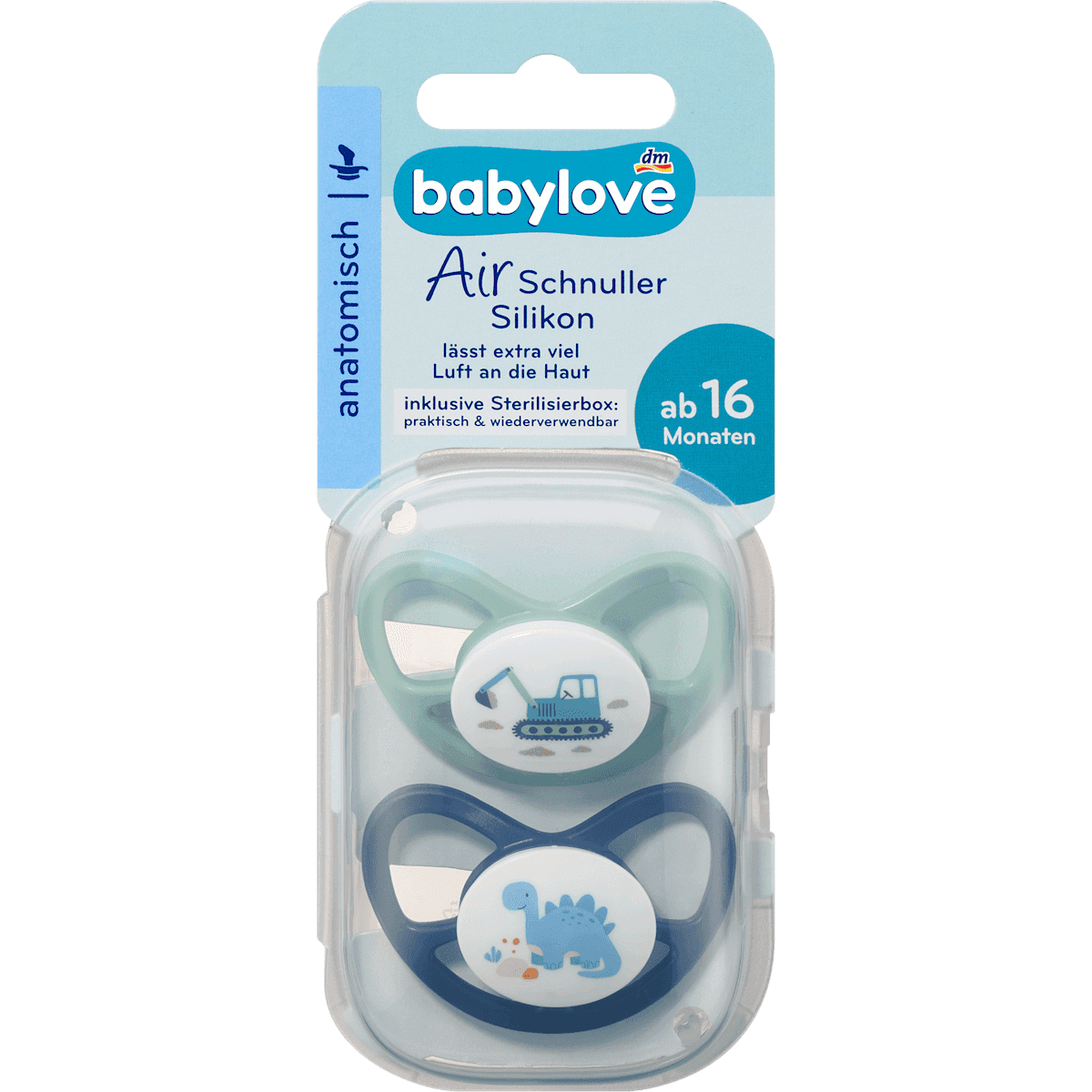 Babylove Tétine Air silicone anatomique, vert menthe/bleu, taille 3, dès 16 mois, 2 pièces — produit allemand authentique au Maroc