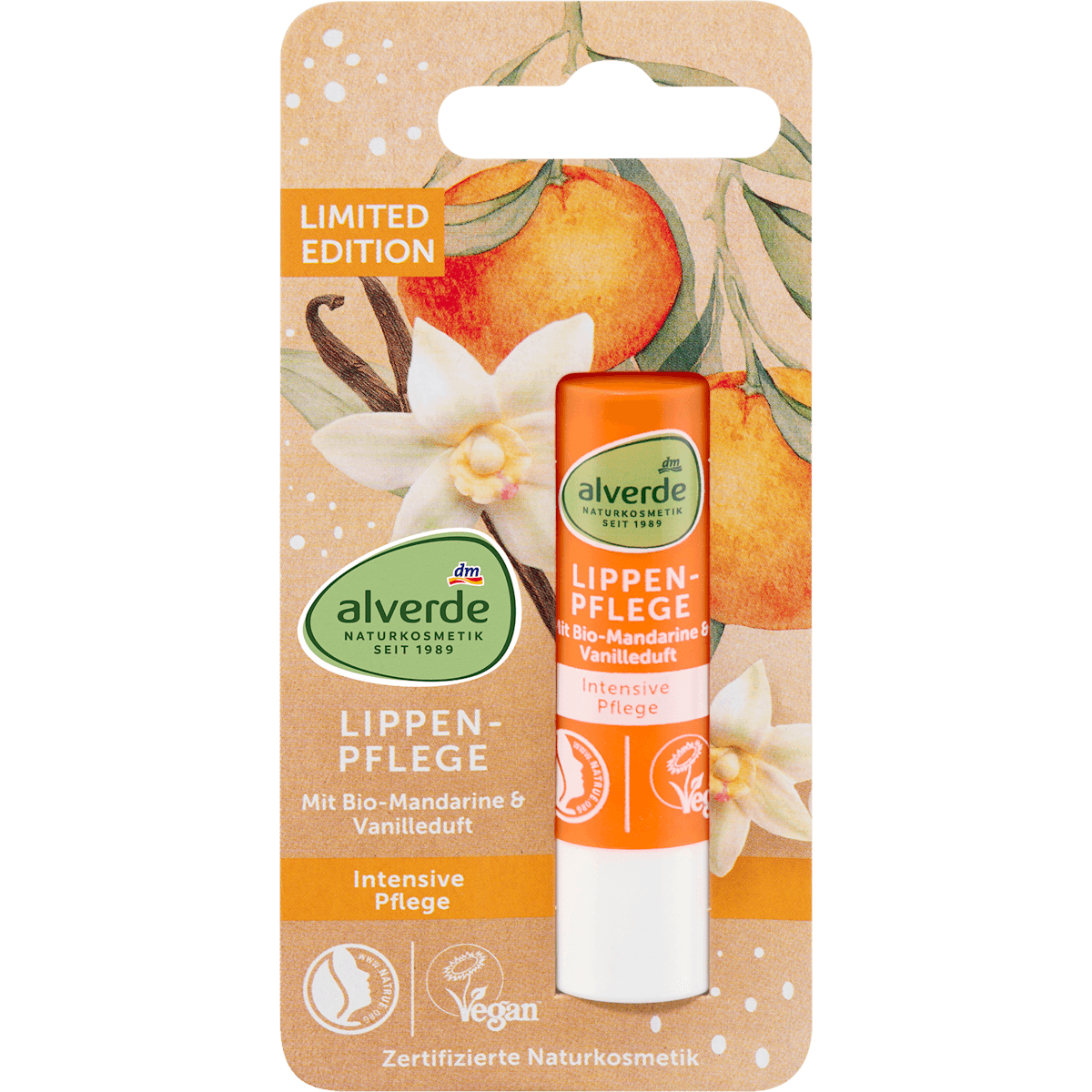 alverde NATURKOSMETIK lip care Mandarine + fragrance vanilla, 4,8 g (alverde NATURKOSMETIK Lippenpflege Mandarine + Vanille-Duft, 4,8 g) — authentic German product in Morocco