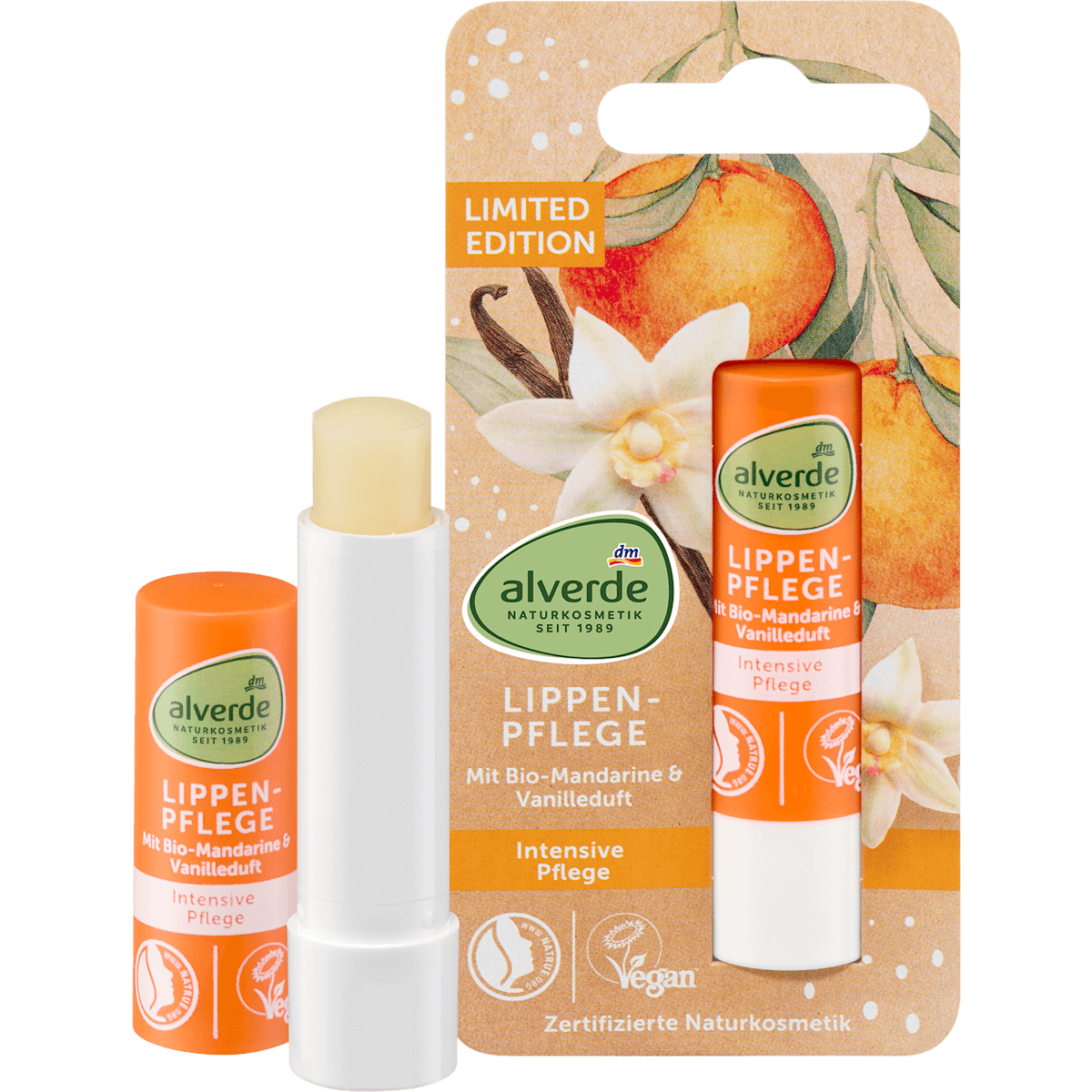 alverde NATURKOSMETIK lip care Mandarine + fragrance vanilla, 4,8 g — authentic German product in Morocco