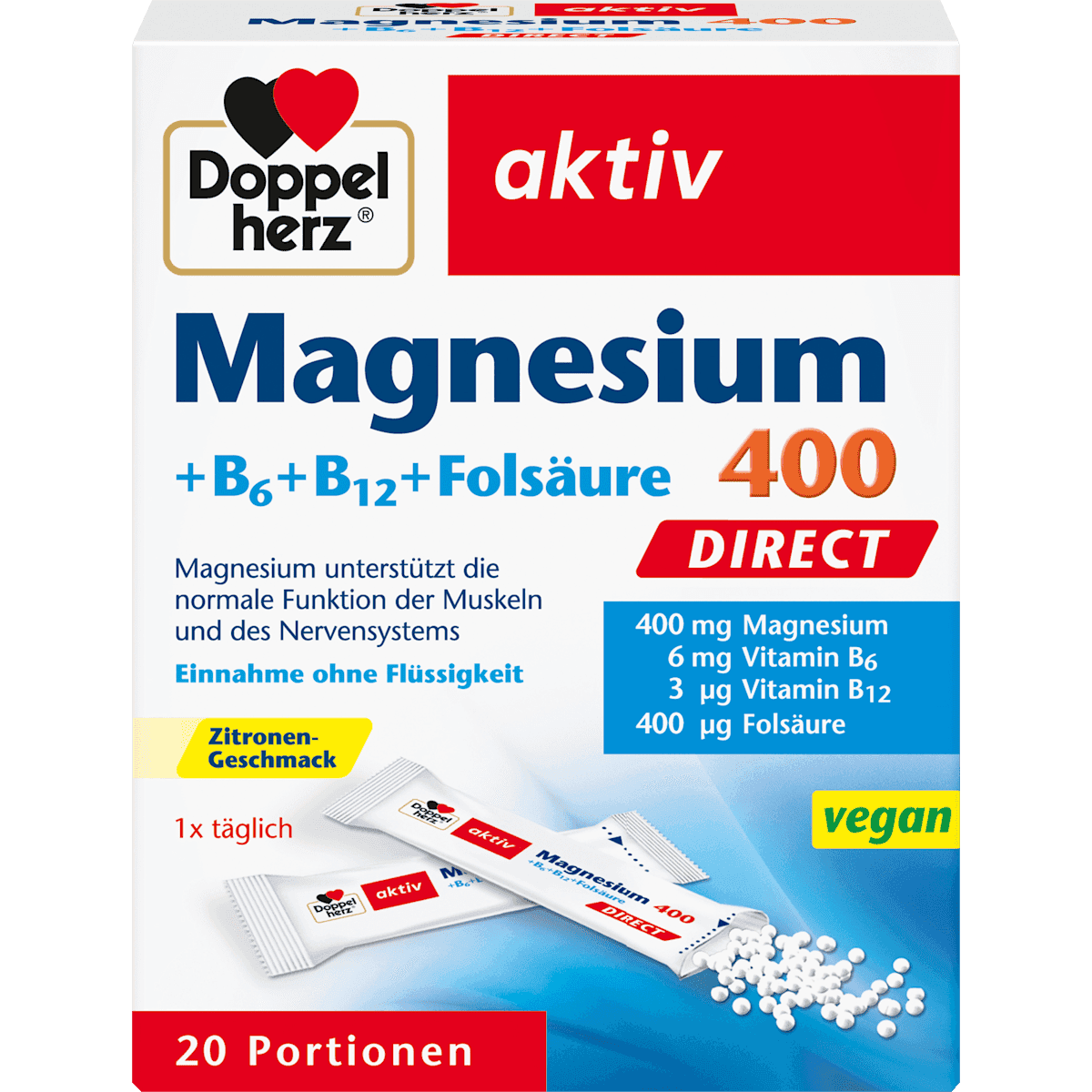 Doppelherz Magnésium 400 + Vitamine B6 + B12 + acide folique granulés à prise directe 20 pièces, 24 g — produit allemand authentique au Maroc