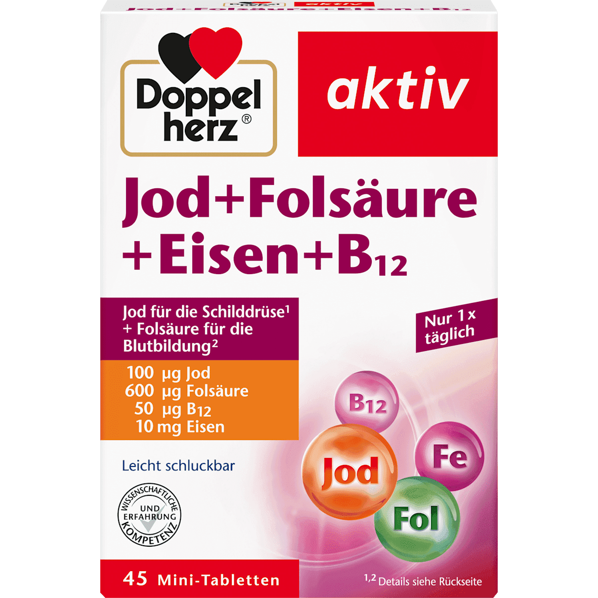 Doppelherz Jod + acide folique + Fer comprimés 45 pièces, 20,4 g — produit allemand authentique au Maroc