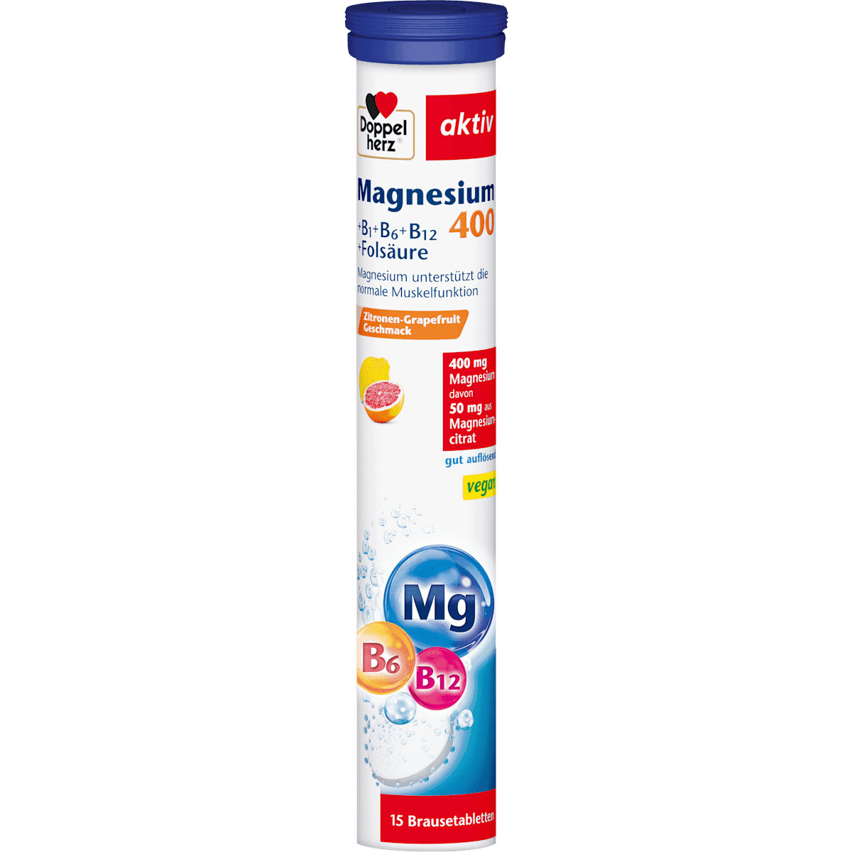 Doppelherz Magnésium 400 + Vitamine B6 + B12 + acide folique comprimés effervescents 15 pièces, 97,5 g — produit allemand authentique au Maroc
