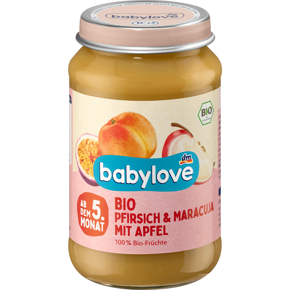 babylove Fruits pêche & maracuja avec pomme dès le 5e mois 190 g — produit allemand authentique au Maroc