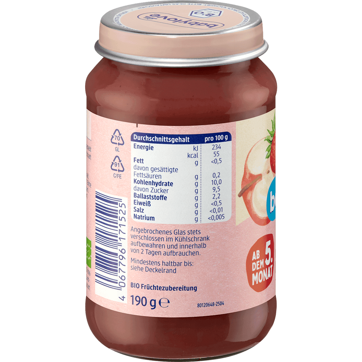 babylove Fruits fraise & framboise en pomme dès 5 mois 190 g (Babylove Früchte Erdbeere & Himbeere in Apfel ab dem 5. Monat, 190 g) — produit allemand authentique au Maroc