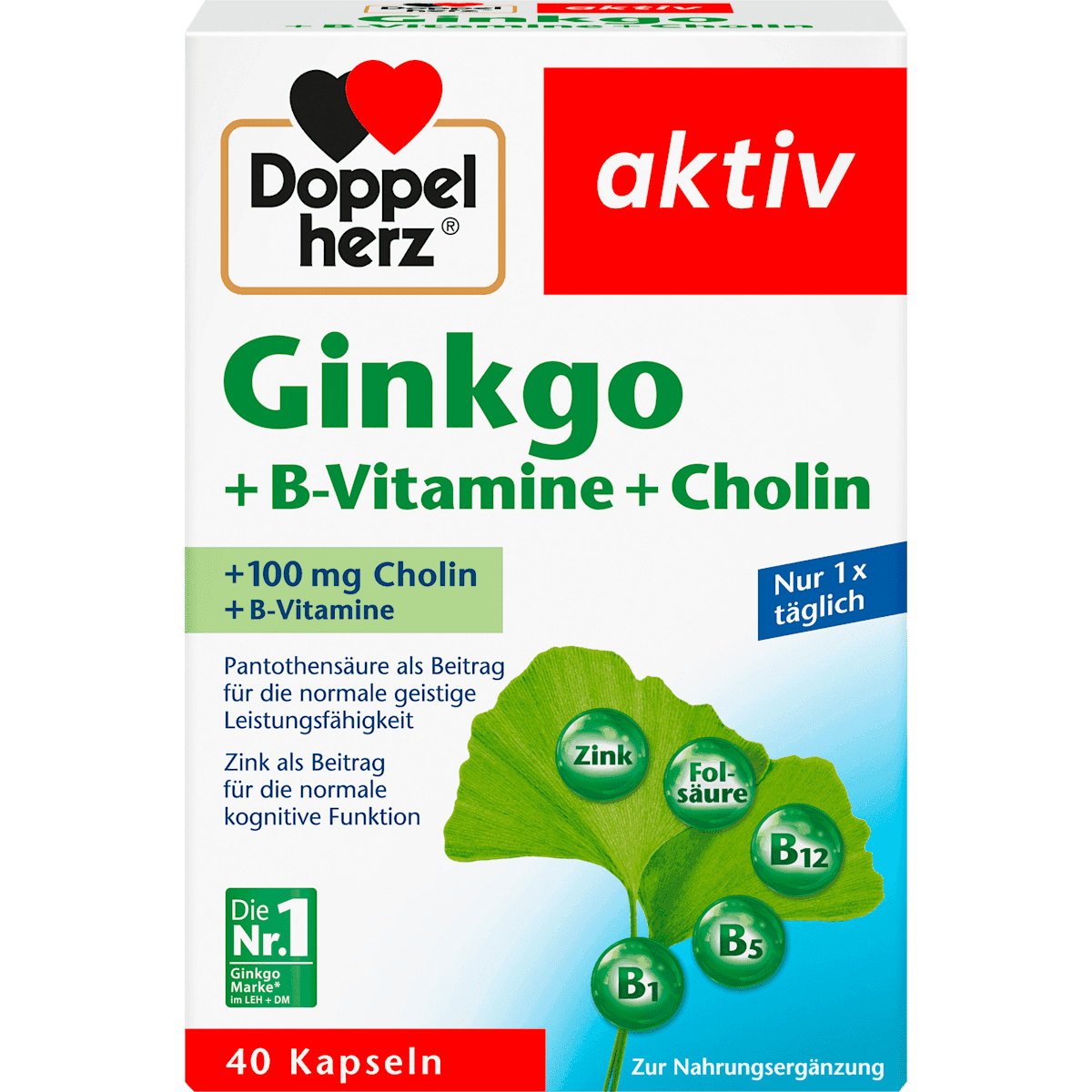 Doppelherz ginkgo + B-Vitamine + Cholin gélules 40 pièces, 22,4 g — produit allemand authentique au Maroc