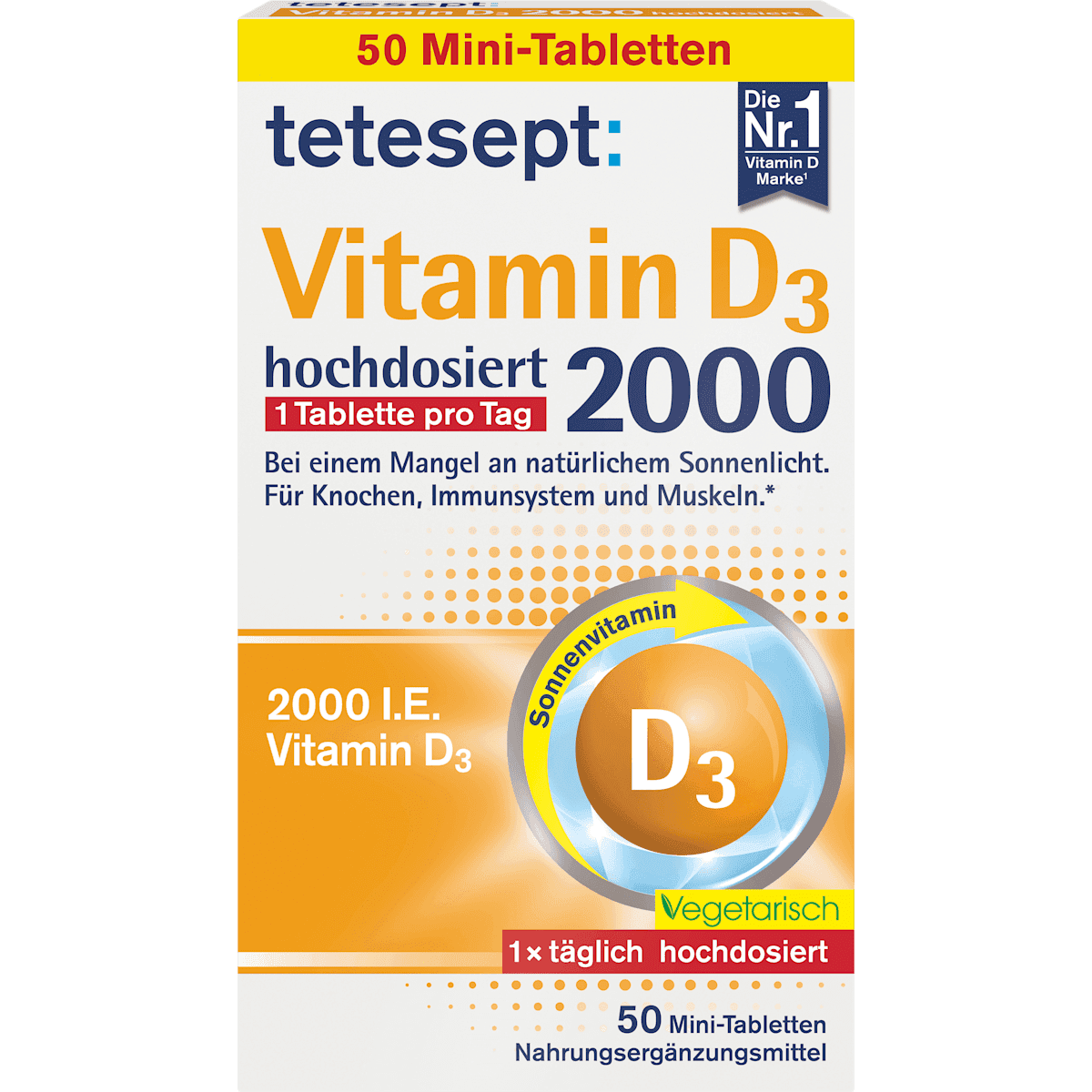 tetesept Vitamine D3 2000 UI comprimés 50 pièces, 15,3 g — produit allemand authentique au Maroc