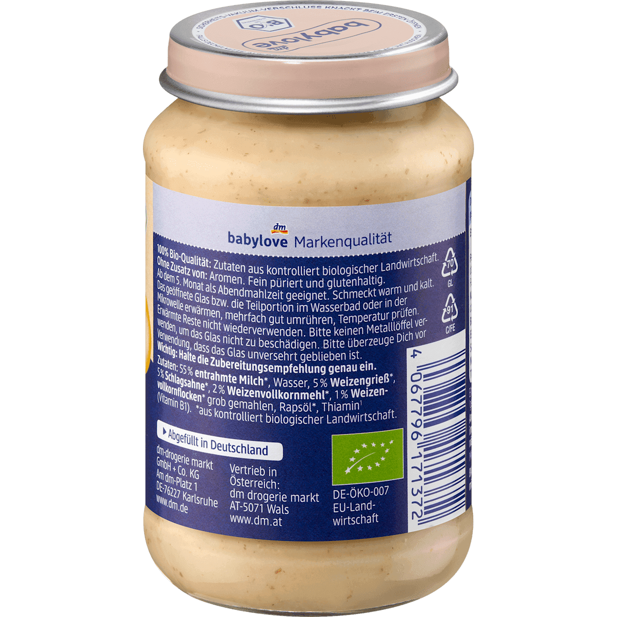 babylove Bouillie du soir semoule nature dès le 5e mois 190 g (Babylove Abendbrei Grieß pur ab dem 5. Monat, 190 g) — produit allemand authentique au Maroc