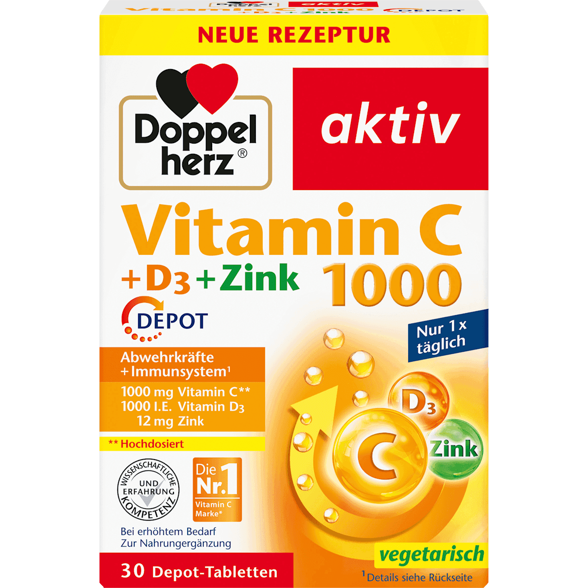 Doppelherz Vitamine C 1000 + D3 + Zinc libération prolongée comprimés 30 pièces, 42,9 g — produit allemand authentique au Maroc