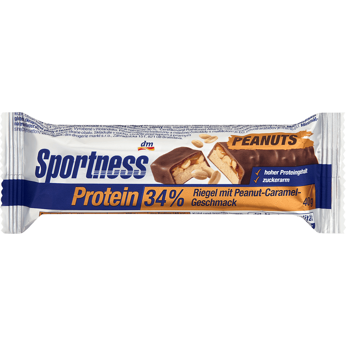 Sportness barre protéinée 34% goût caramel cacahuète, 40 g — produit allemand authentique au Maroc