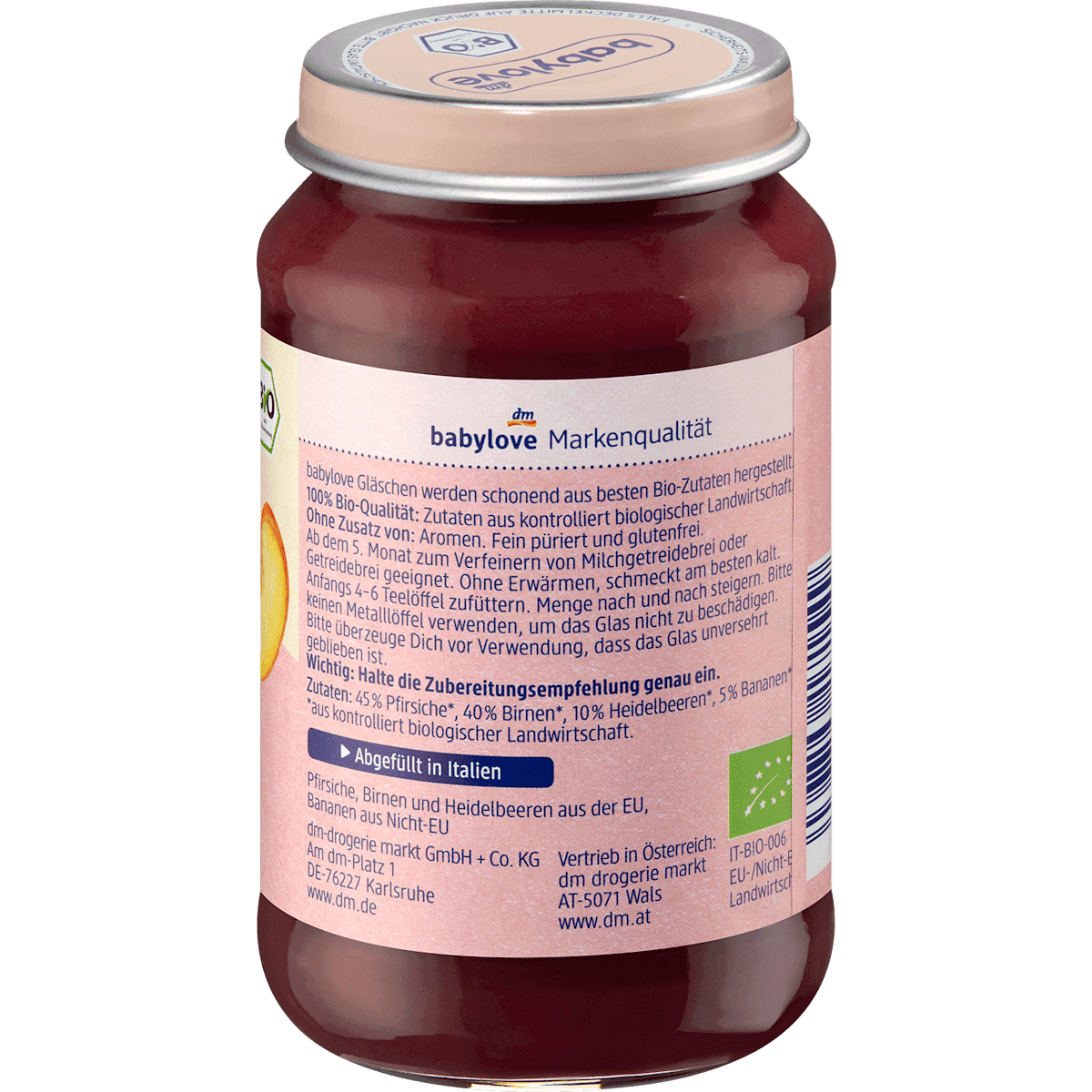 babylove Fruits Myrtille et Pêche dans Poire dès le 5e mois, 190 g (Babylove Früchte Heidelbeere & Pfirsich in Birne ab dem 5. Monat, 190 g) — produit allemand authentique au Maroc
