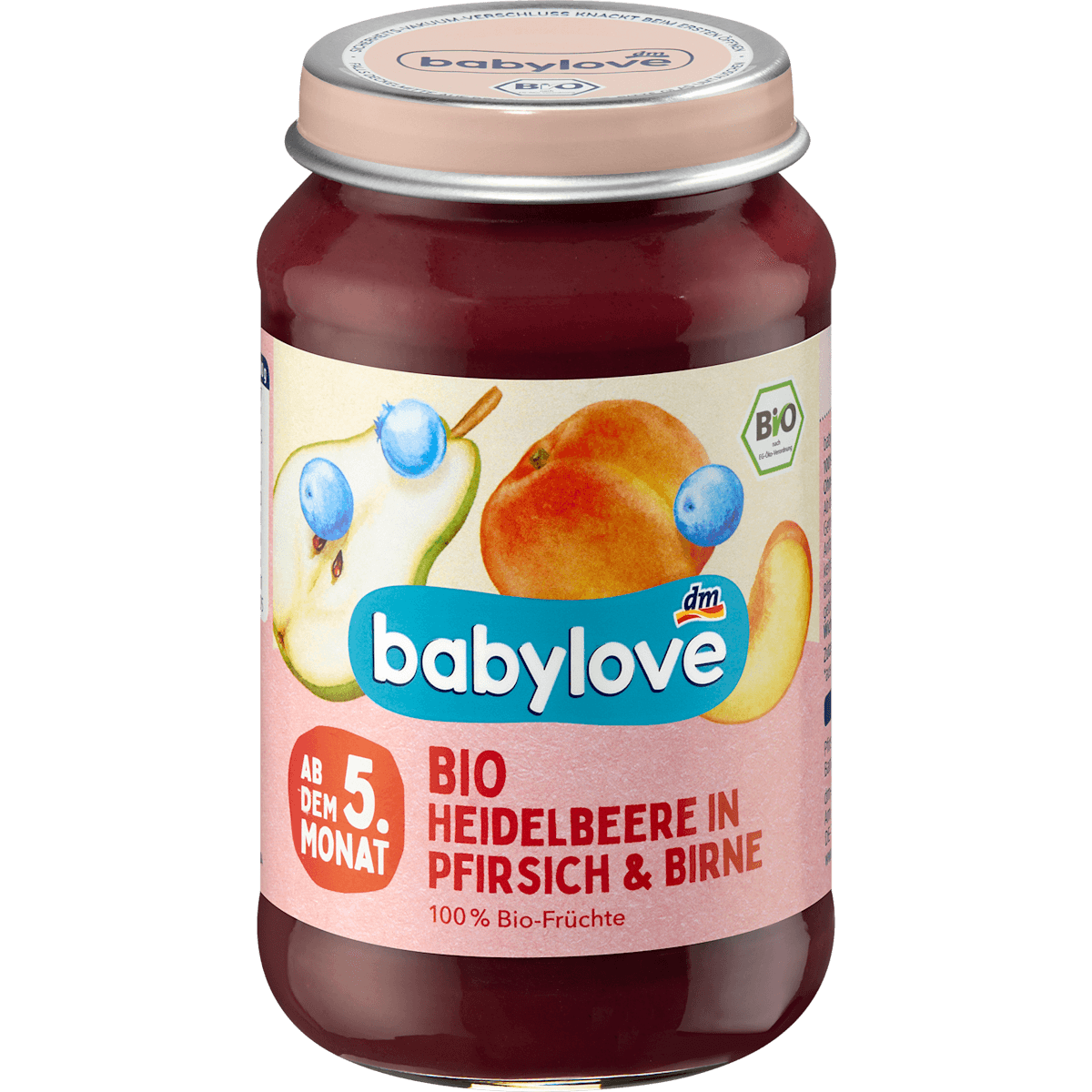 babylove Fruits Myrtille et Pêche dans Poire dès le 5e mois, 190 g — produit allemand authentique au Maroc