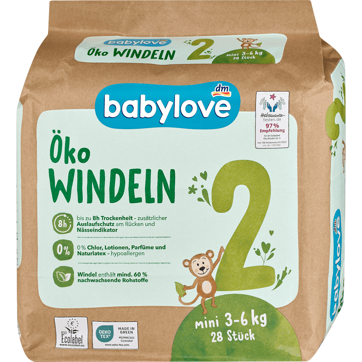 Babylove Couches écologiques T. 2 mini (3-6 kg), 28 pièces — produit allemand authentique au Maroc