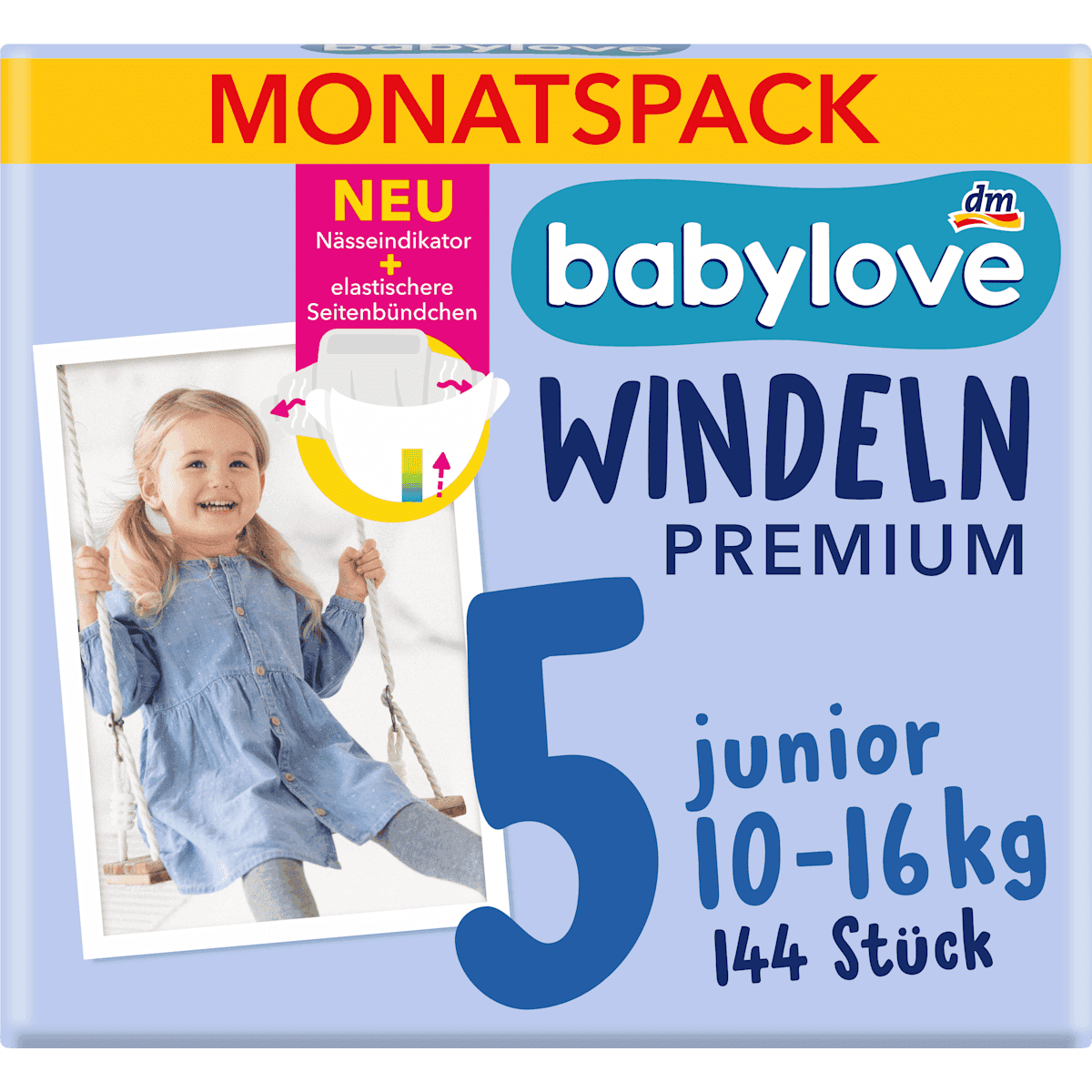 babylove couches Premium T5 junior (10-16 kg) pack mensuel 144 pièces — produit allemand authentique au Maroc
