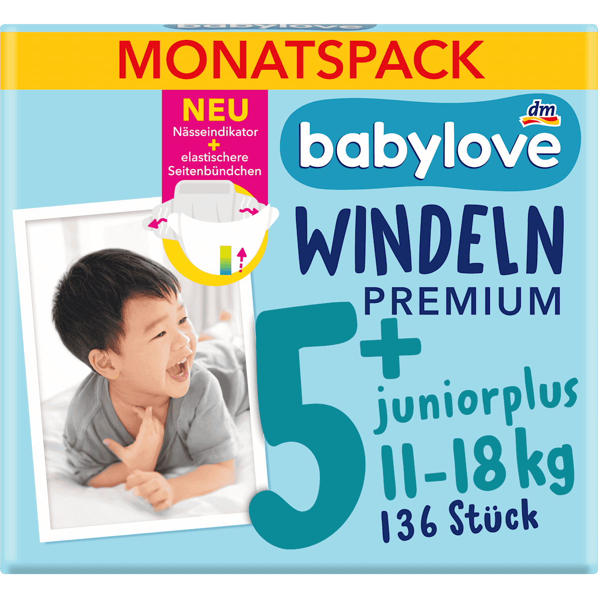 babylove Couches Premium T.5+ junior+ 11-18 kg pack mensuel 136 pièces — produit allemand authentique au Maroc