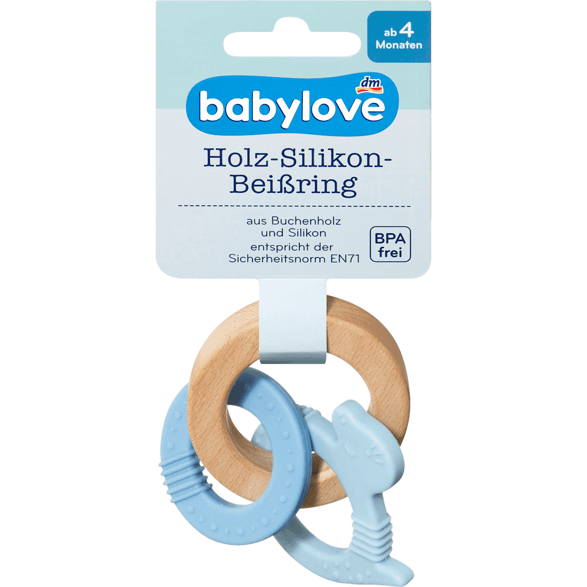 babylove Anneau de dentition bois et silicone bleu, 1 pièce — produit allemand authentique au Maroc
