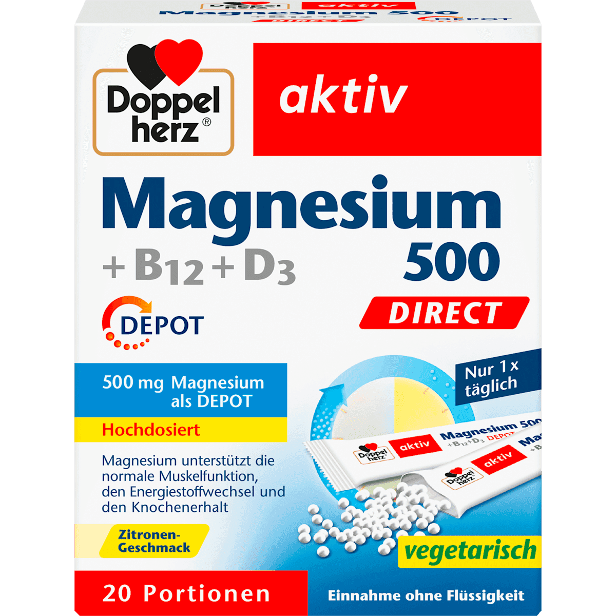 Doppelherz Magnésium 500 +B12 +D3 granulés à prise directe 20 pièces, 32 g — produit allemand authentique au Maroc