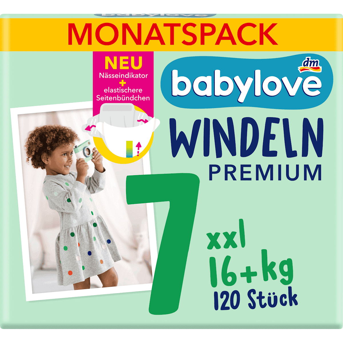 babylove Couches Premium T.7 XXL (16+ kg) pack mensuel, 120 pièces — produit allemand authentique au Maroc