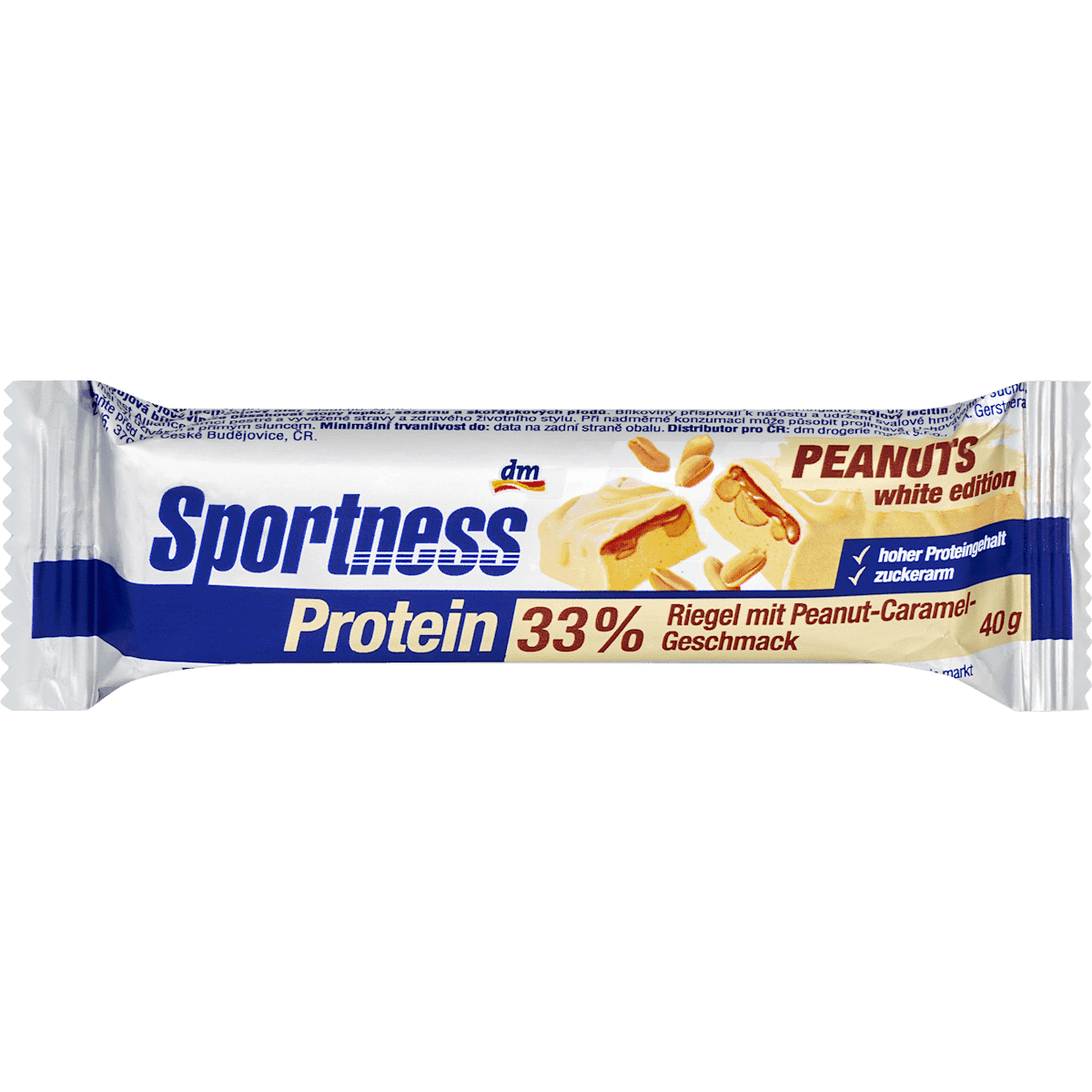 Sportness barre protéinée 33% Peanut Caramel White Edition 40 g — produit allemand authentique au Maroc