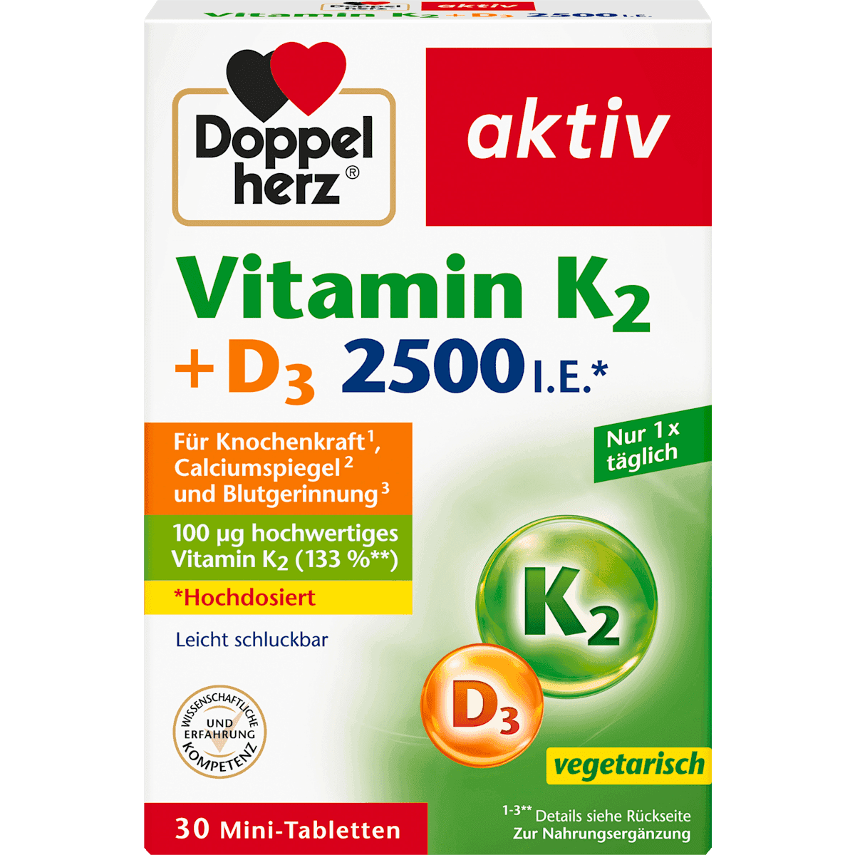 Doppelherz Vitamine K2 + D3 2500 UI comprimés 30 pièces, 13,1 g — produit allemand authentique au Maroc