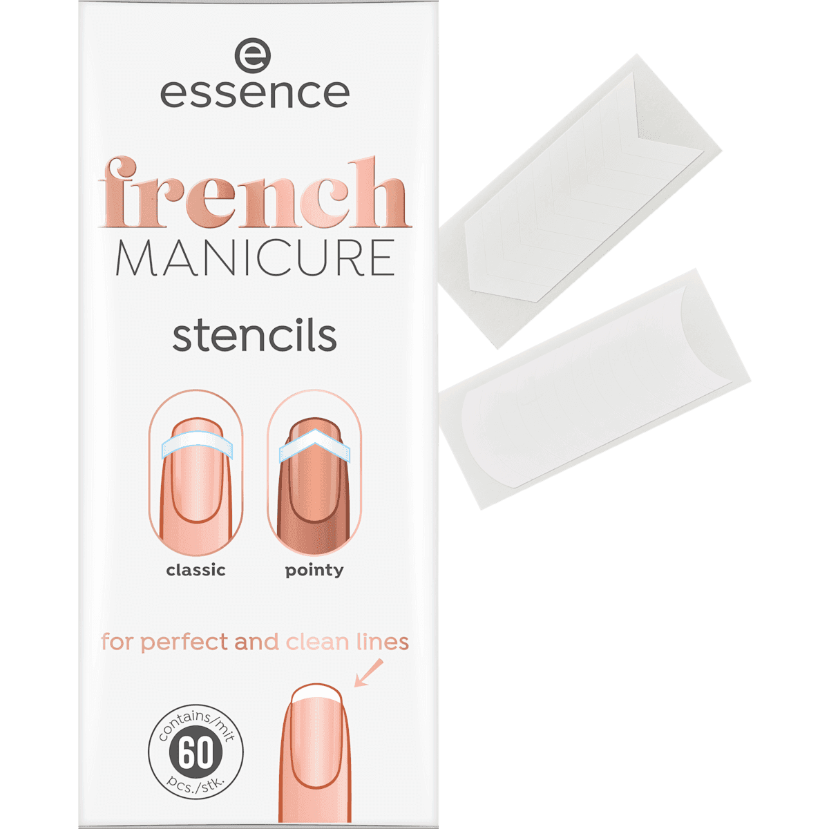 essence Pochoirs pour ongles French Manicure 01 French Tips & Tricks, 60 pièces — produit allemand authentique au Maroc