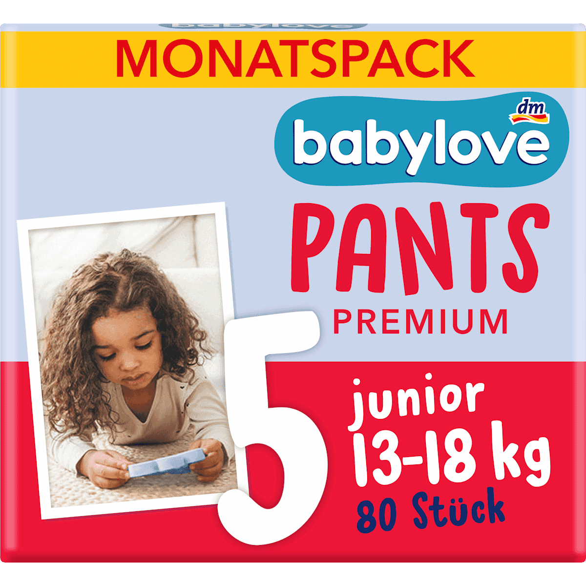 babylove Bébé Pants Premium taille 5 Junior (13-18 kg) pack mensuel, 80 pièces — produit allemand authentique au Maroc