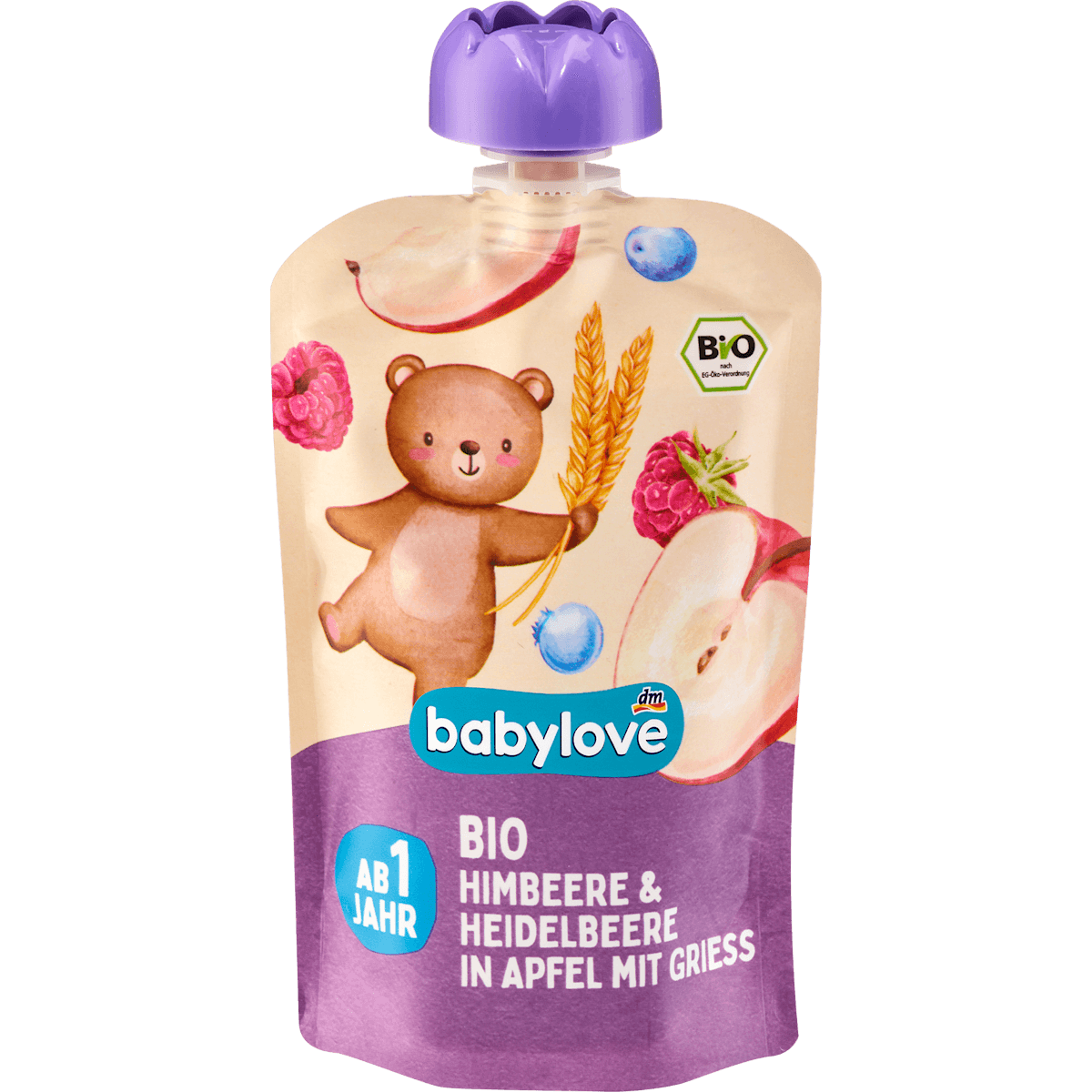 babylove gourde framboise & myrtille pomme et semoule dès 1 an, 100 g — produit allemand authentique au Maroc