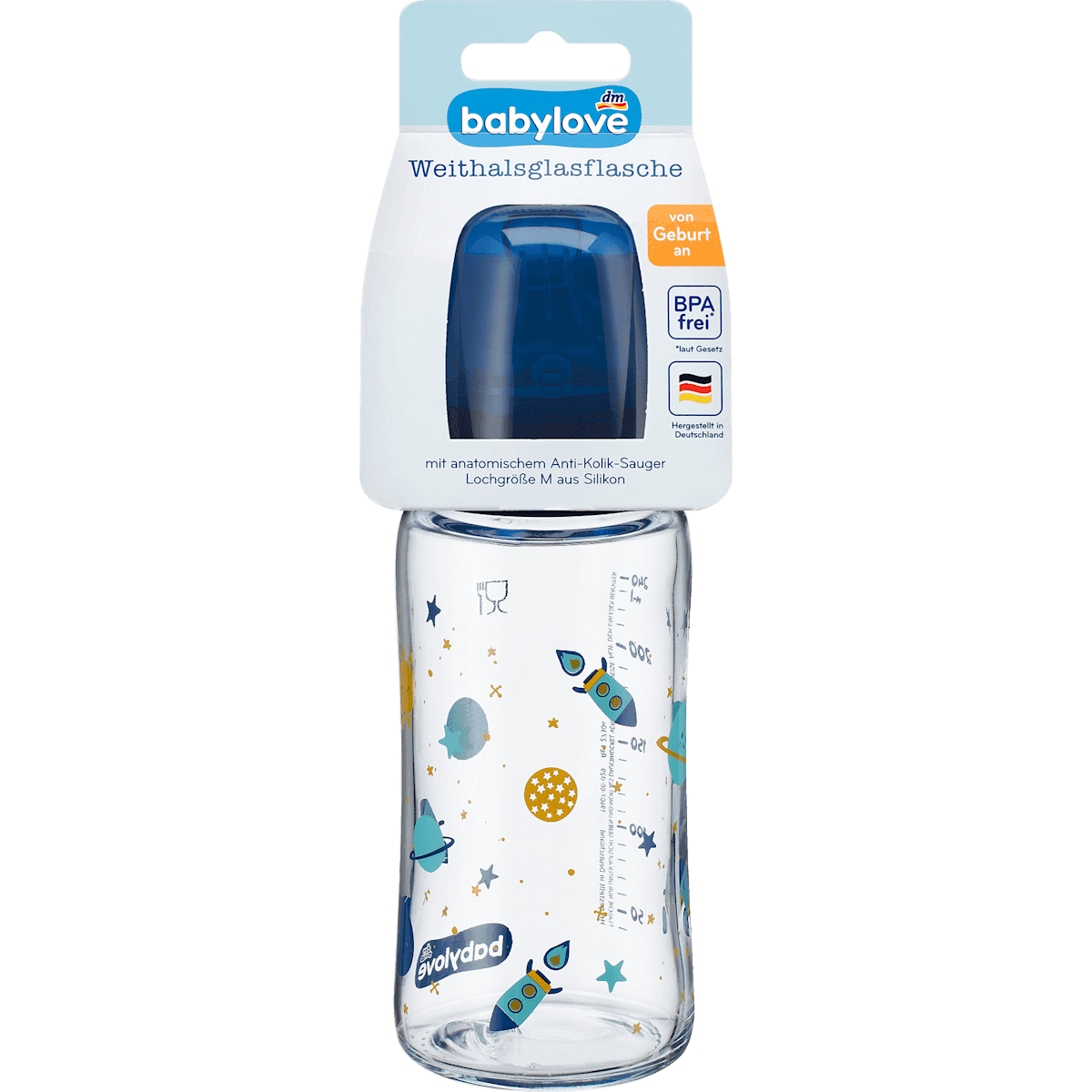 babylove Biberon col large en verre, bleu, dès la naissance, 240 ml, 1 pièce — produit allemand authentique au Maroc