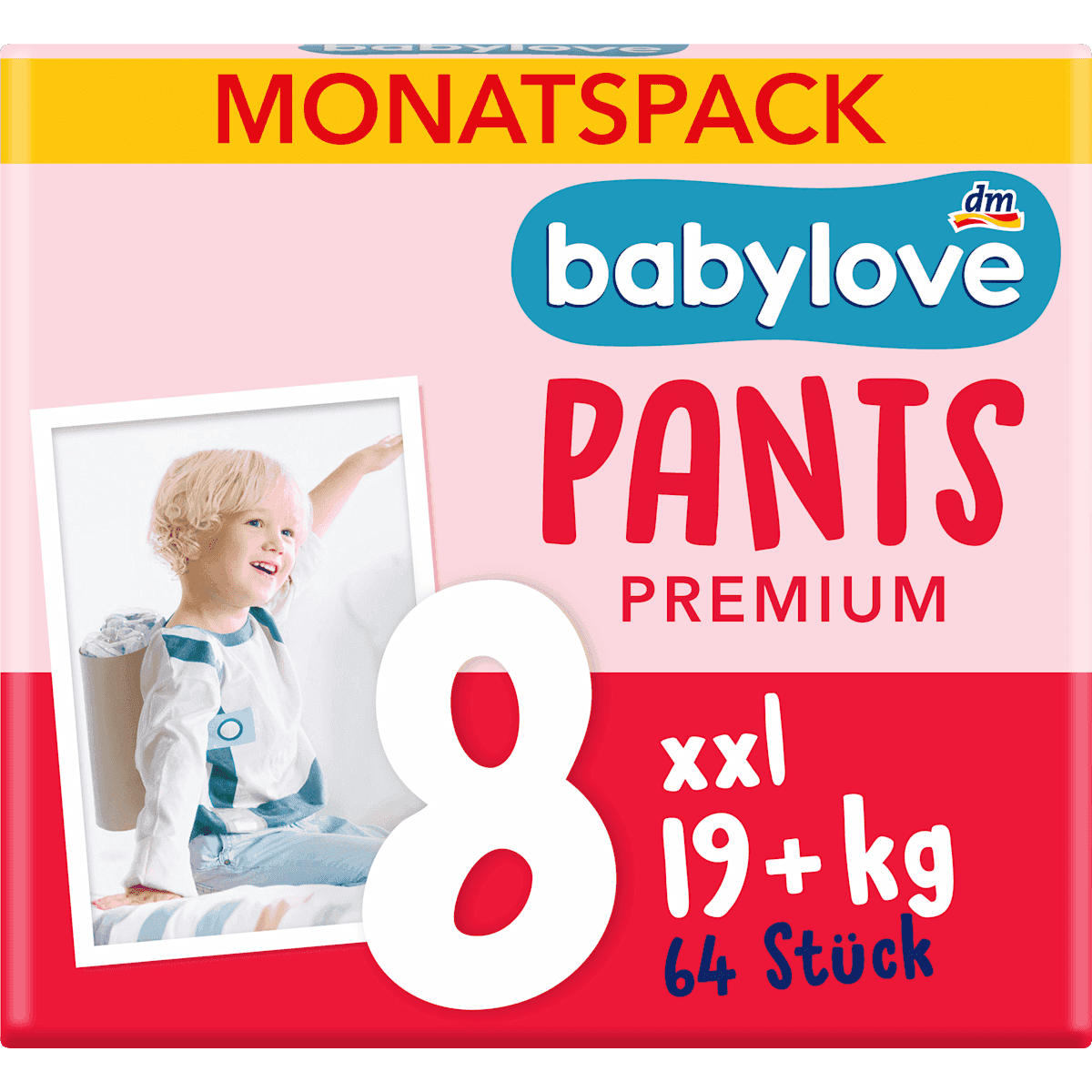Babylove Bébé Pants Premium T.8 XXL (19+ kg) pack mensuel 64 pcs — produit allemand authentique au Maroc