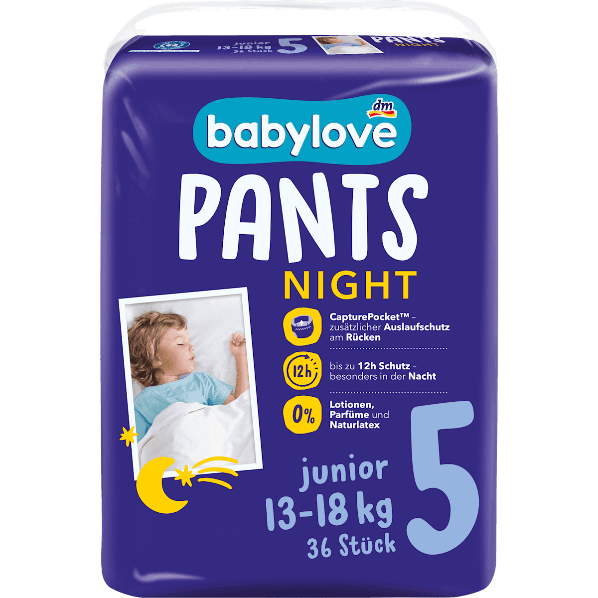 babylove Bébé Pants Night taille 5 Junior (13-18 kg), 36 pièces — produit allemand authentique au Maroc