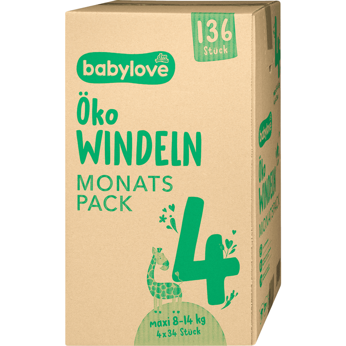 babylove Couches écologiques taille 4 maxi (8-14 kg) pack mensuel, 136 pièces — produit allemand authentique au Maroc