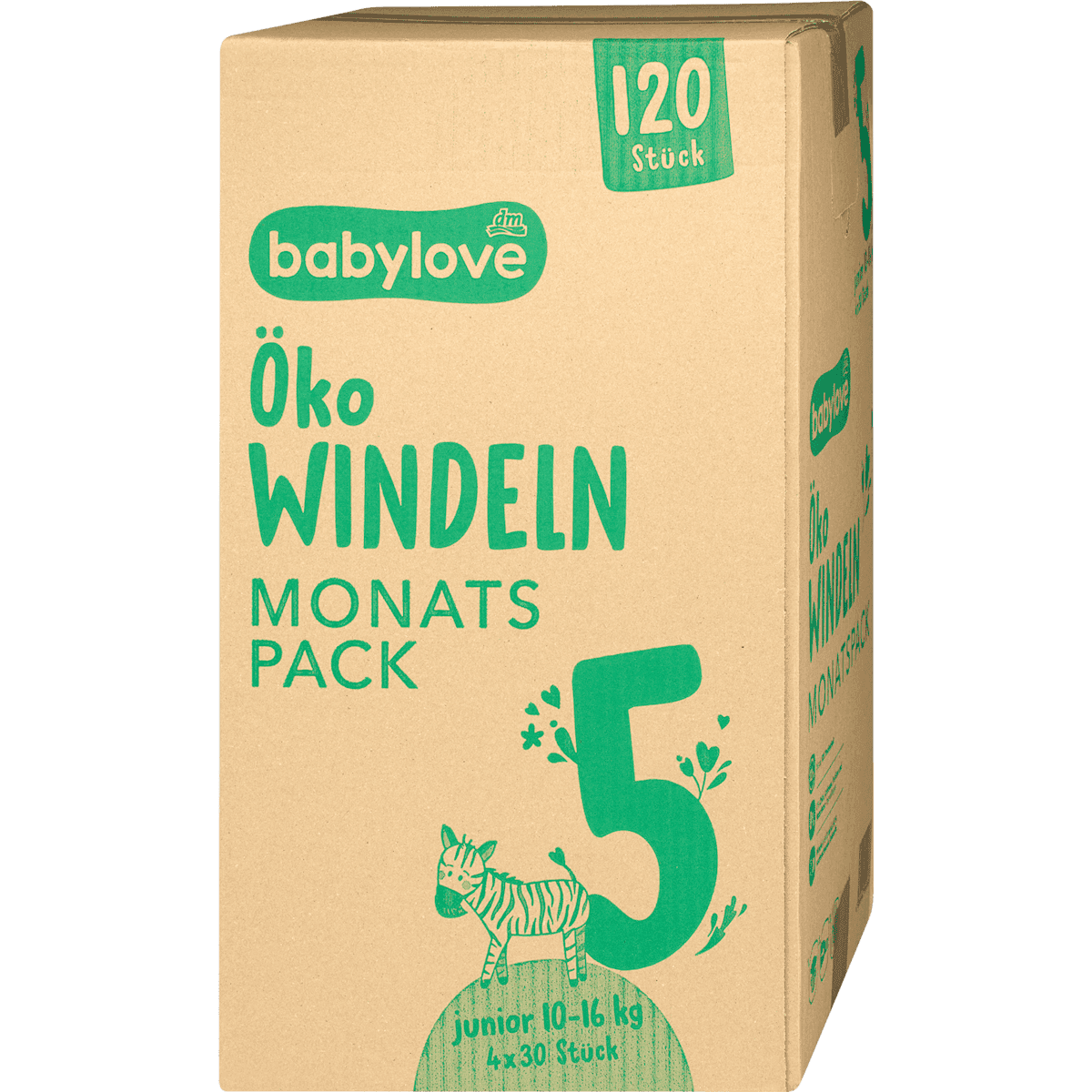 Babylove Couches écologiques T.5 junior (10-16 kg) pack mensuel, 120 pièces — produit allemand authentique au Maroc
