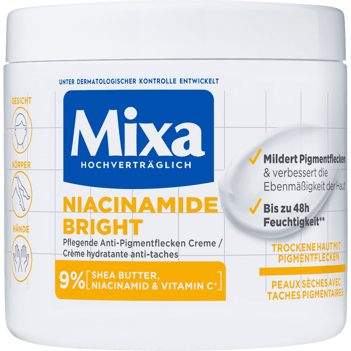 Mixa Crème hydratante Niacinamide Bright, 400 ml — produit allemand authentique au Maroc