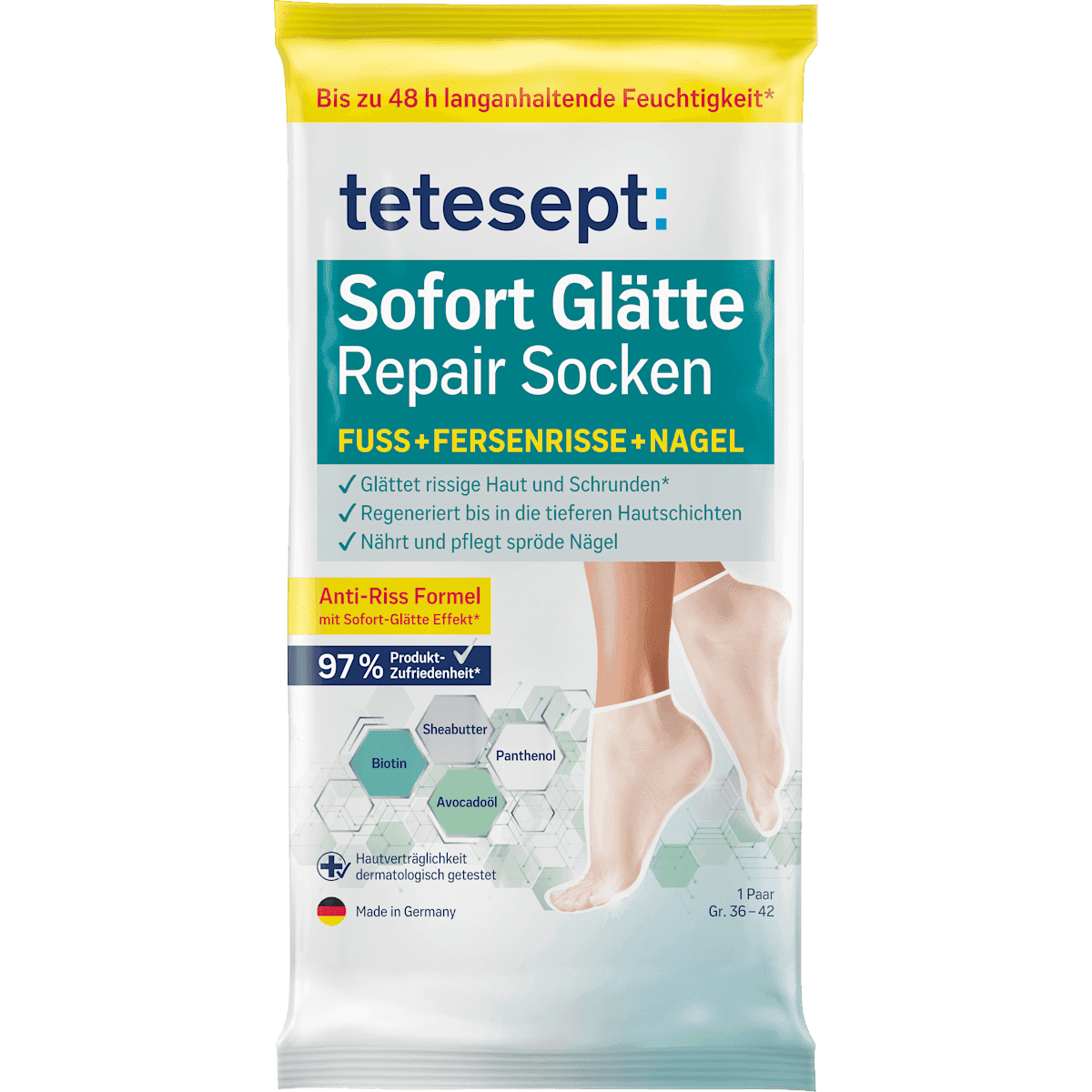 tetesept Masque pieds chaussettes, Lissage immédiat Repair (1 paire), 2 pièces — produit allemand authentique au Maroc