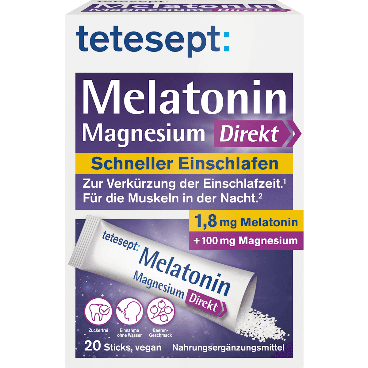 tetesept Mélatonine + Magnésium direct Sticks 20 pièces, 36 g — produit allemand authentique au Maroc