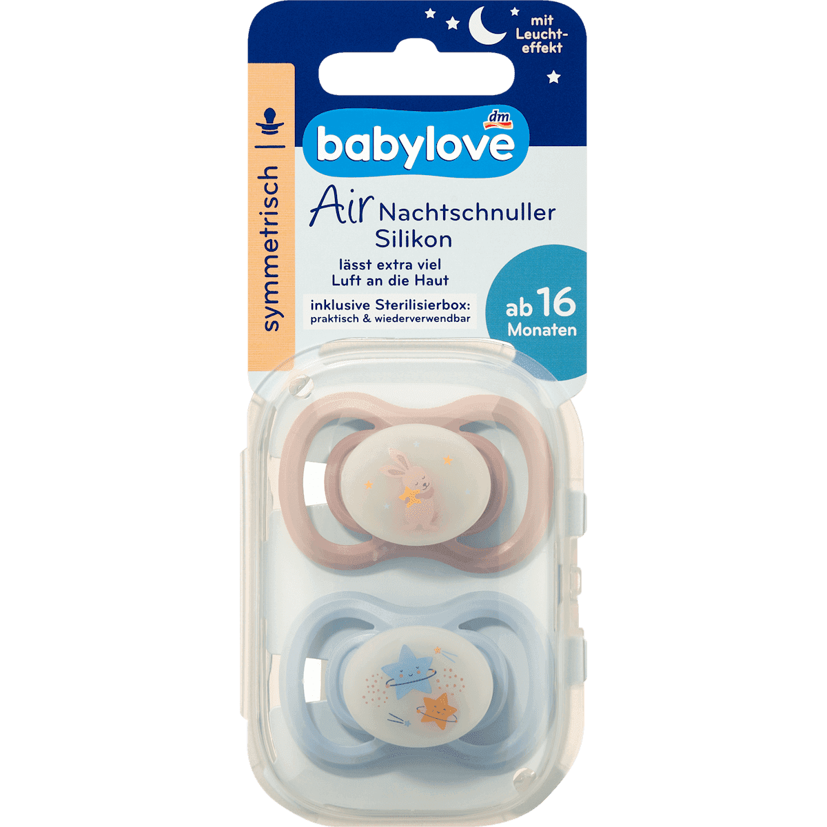 babylove Tétine Air Nuit silicone symétrique, rose/bleu, dès 16 mois, 2 pièces — produit allemand authentique au Maroc