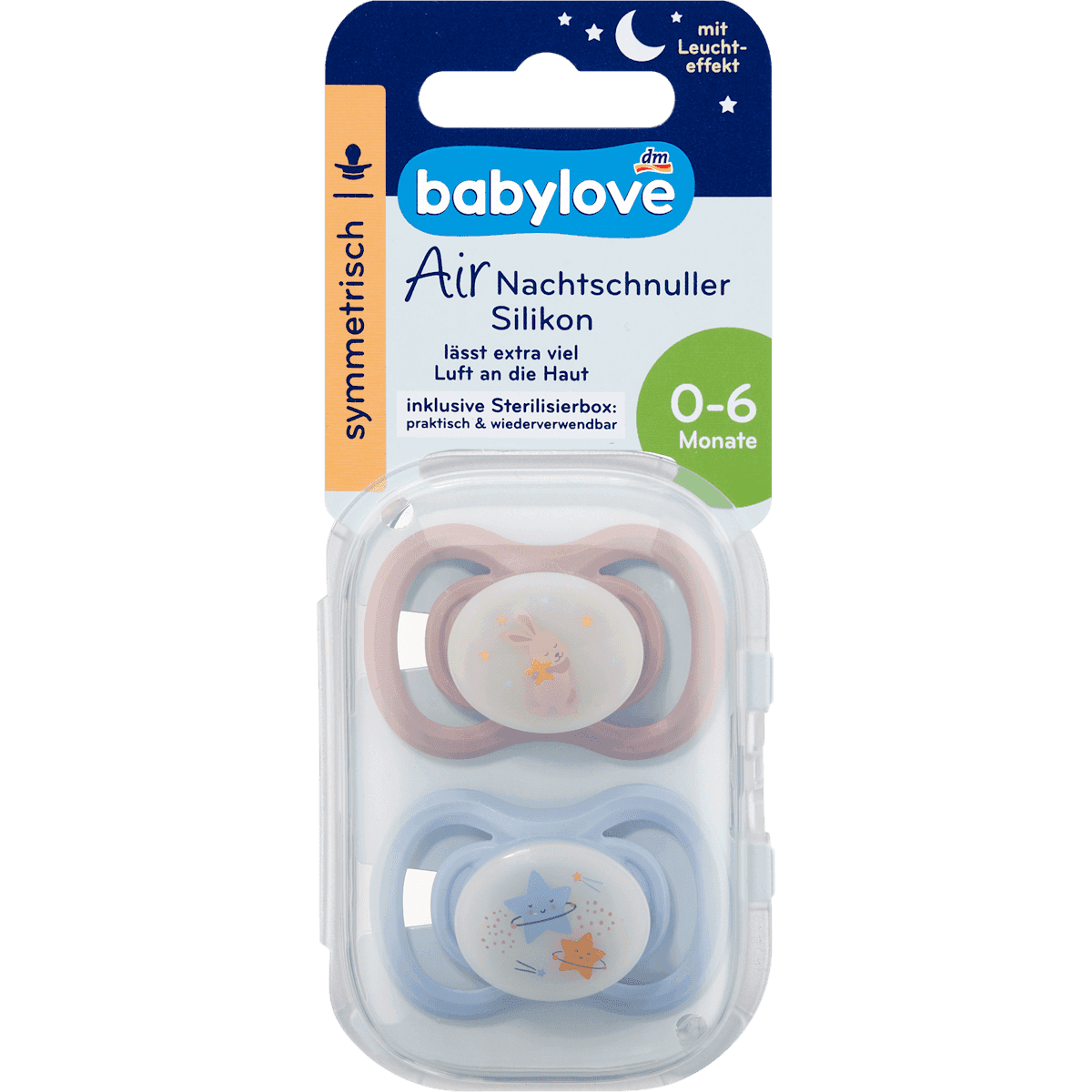 babylove Sucette Air Nuit silicone symétrique bleu/rose 0-6 mois, 2 pièces — produit allemand authentique au Maroc