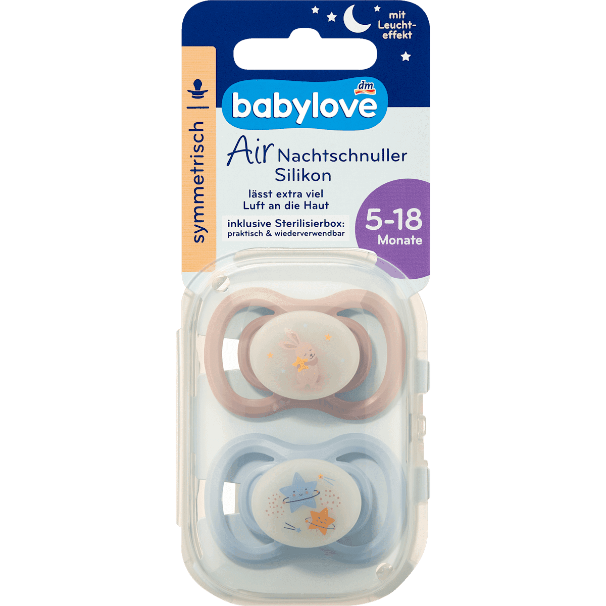 babylove Tétine Air Nuit symétrique, rose/bleu, 5-18 mois, 2 pièces — produit allemand authentique au Maroc