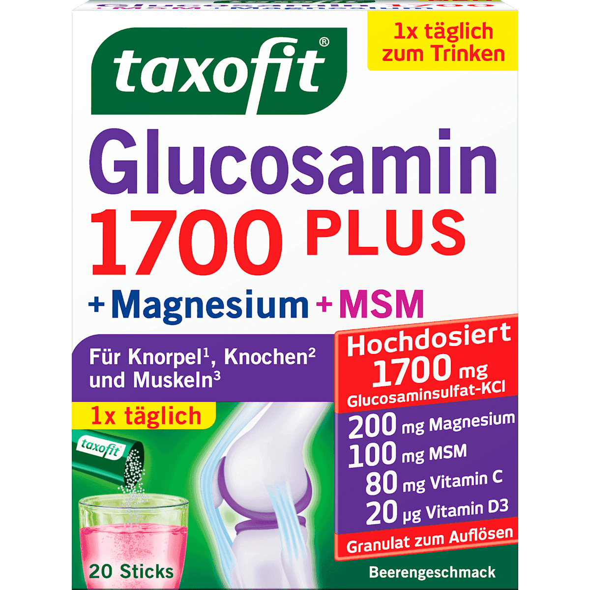 taxofit Glucosamin 1700 + MSM + Magnésium Sticks 20 pièces, 80 g — produit allemand authentique au Maroc