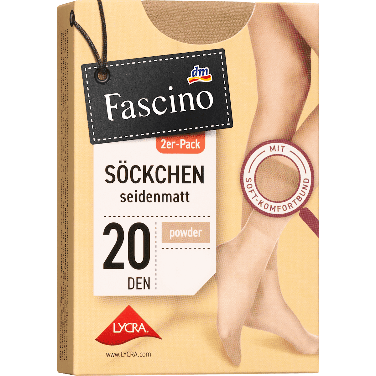 Fascino Socquettes satiné mat poudré, Taille 39-42, 20 deniers, lot de 2 — produit allemand authentique au Maroc