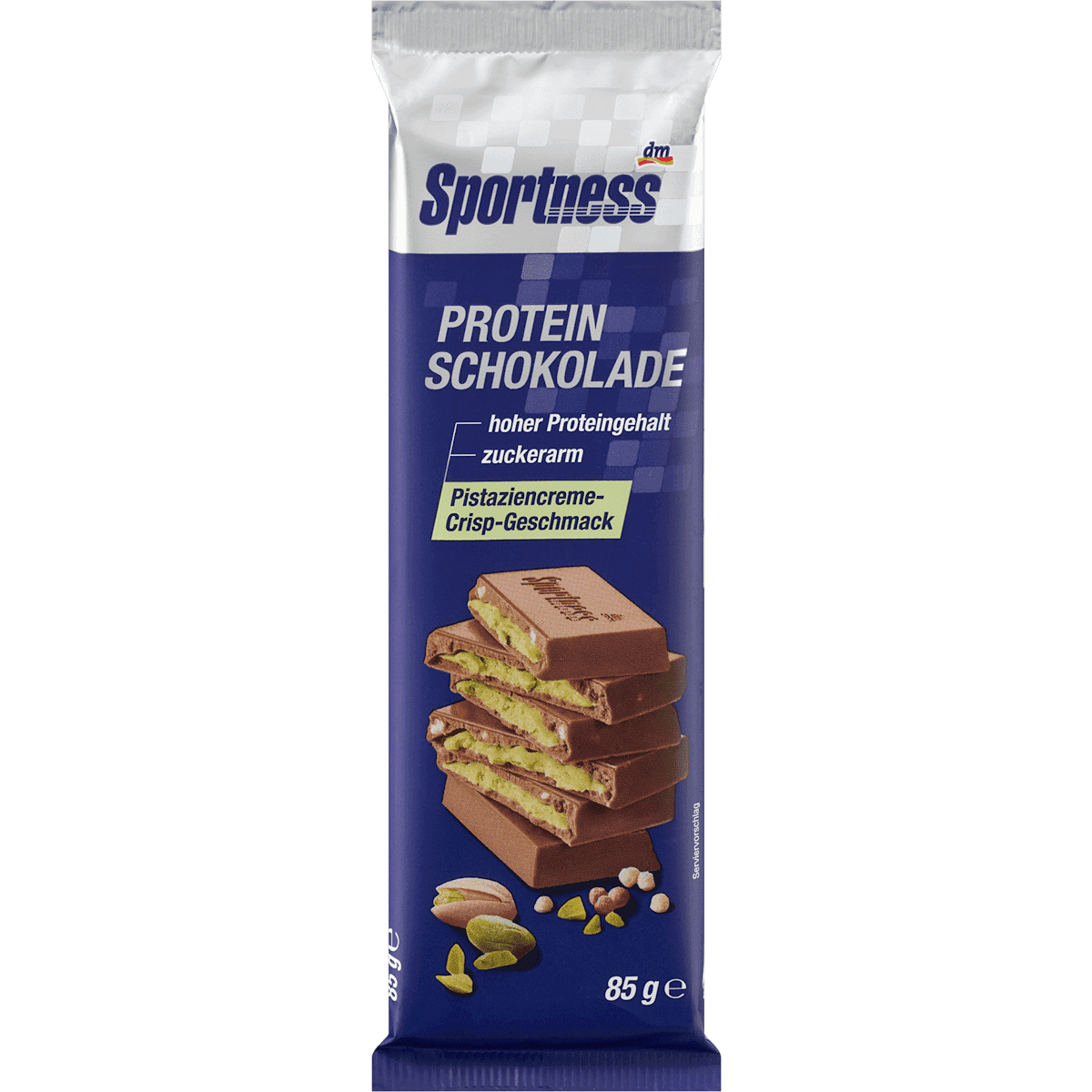 Sportness Chocolat protéiné fourré pistache et crisp, 85 g — produit allemand authentique au Maroc