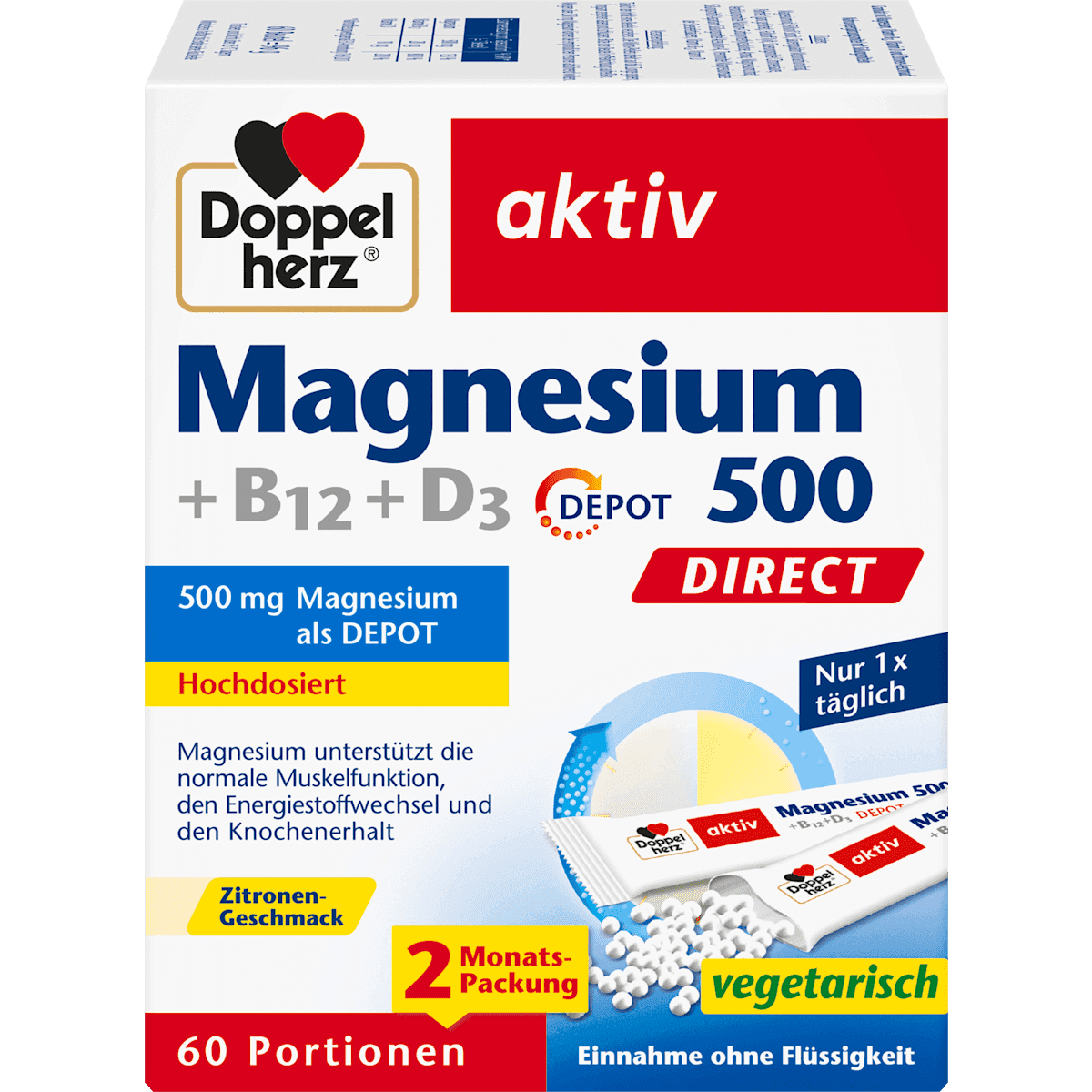 Doppelherz Magnésium 500 direct sachets 60 pièces, 96 g — produit allemand authentique au Maroc