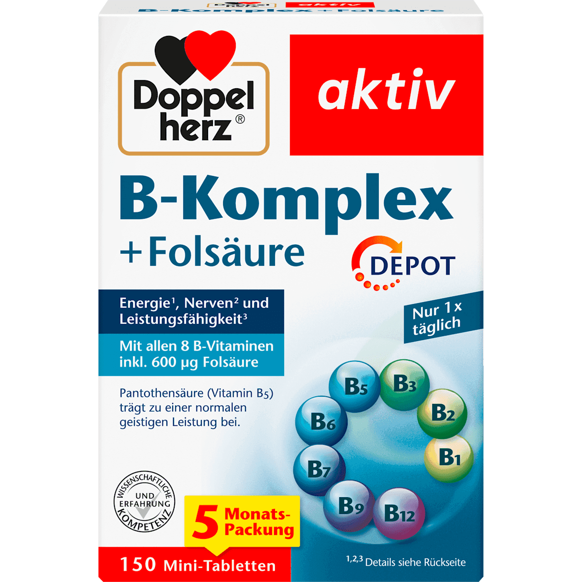 Doppelherz B-complexe + acide folique libération prolongée Mini-comprimés 150 pièces, 45,8 g — produit allemand authentique au Maroc