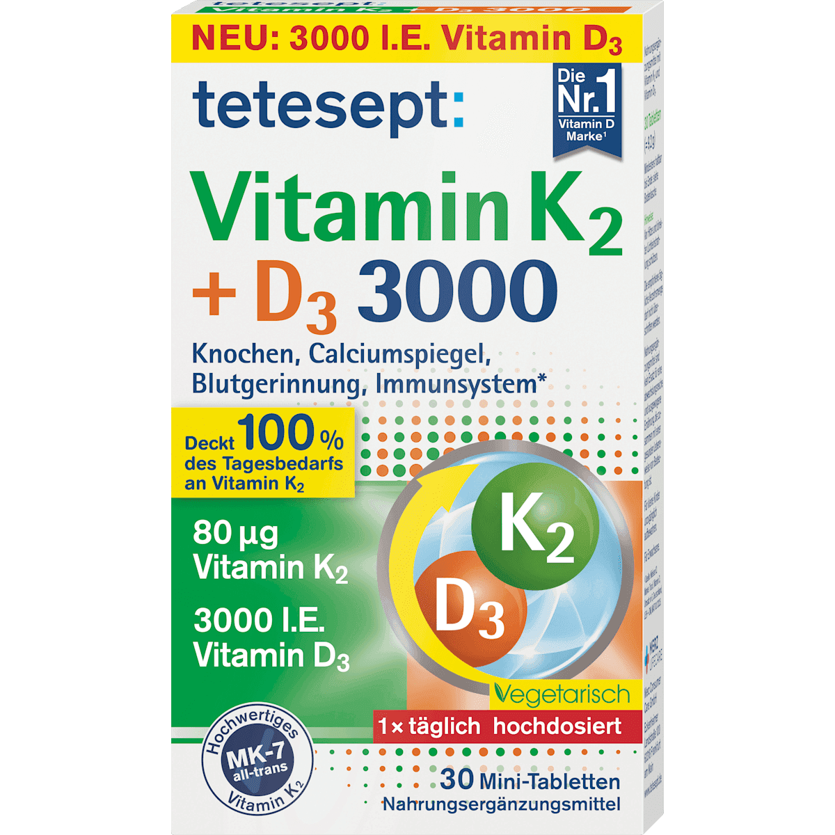 tetesept Vitamine K2 + D3 3000 Mini-comprimés 30 pièces, 9,2 g — produit allemand authentique au Maroc