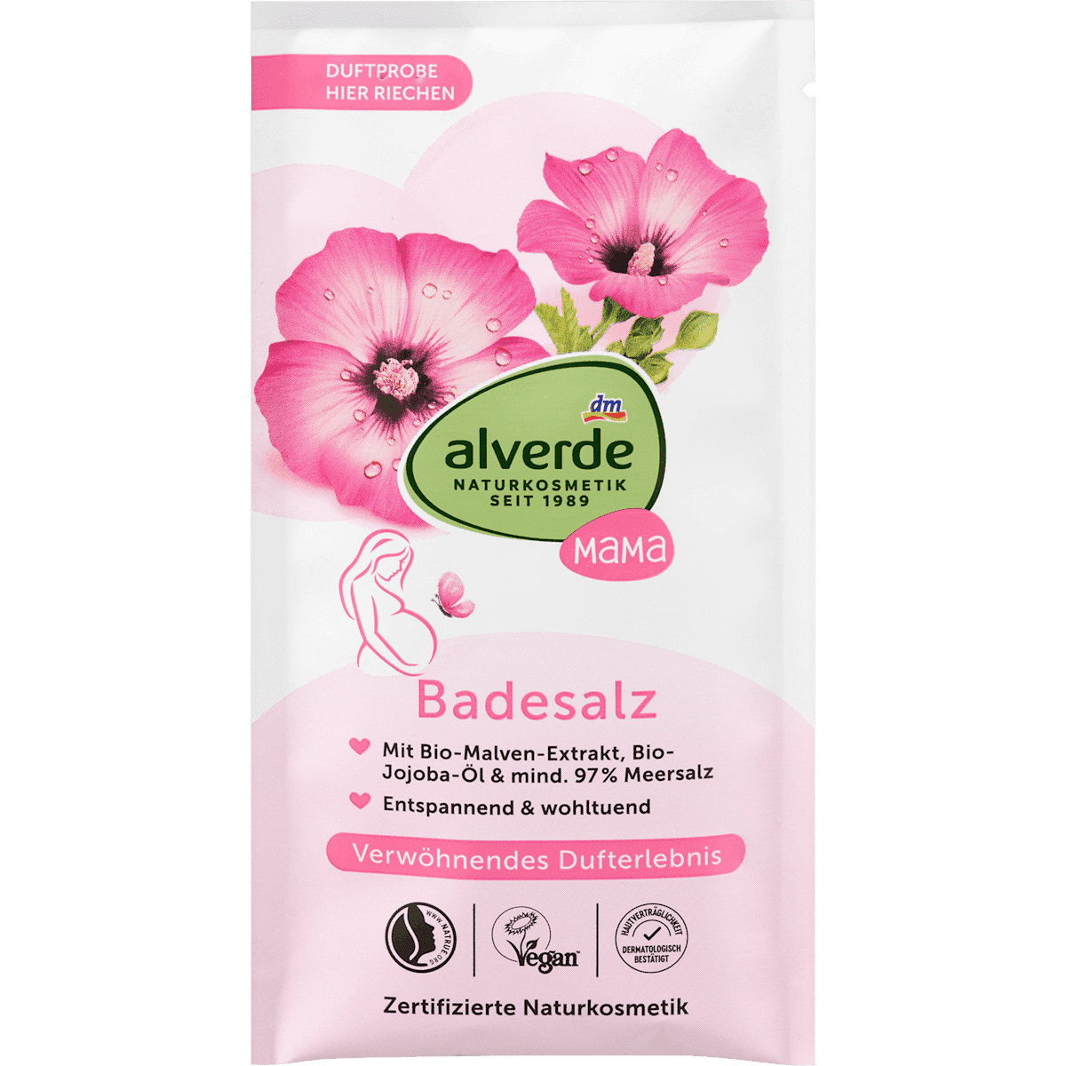 alverde NATURKOSMETIK Sel de bain Mama Mauve & Huile de jojoba 60 g — produit allemand authentique au Maroc