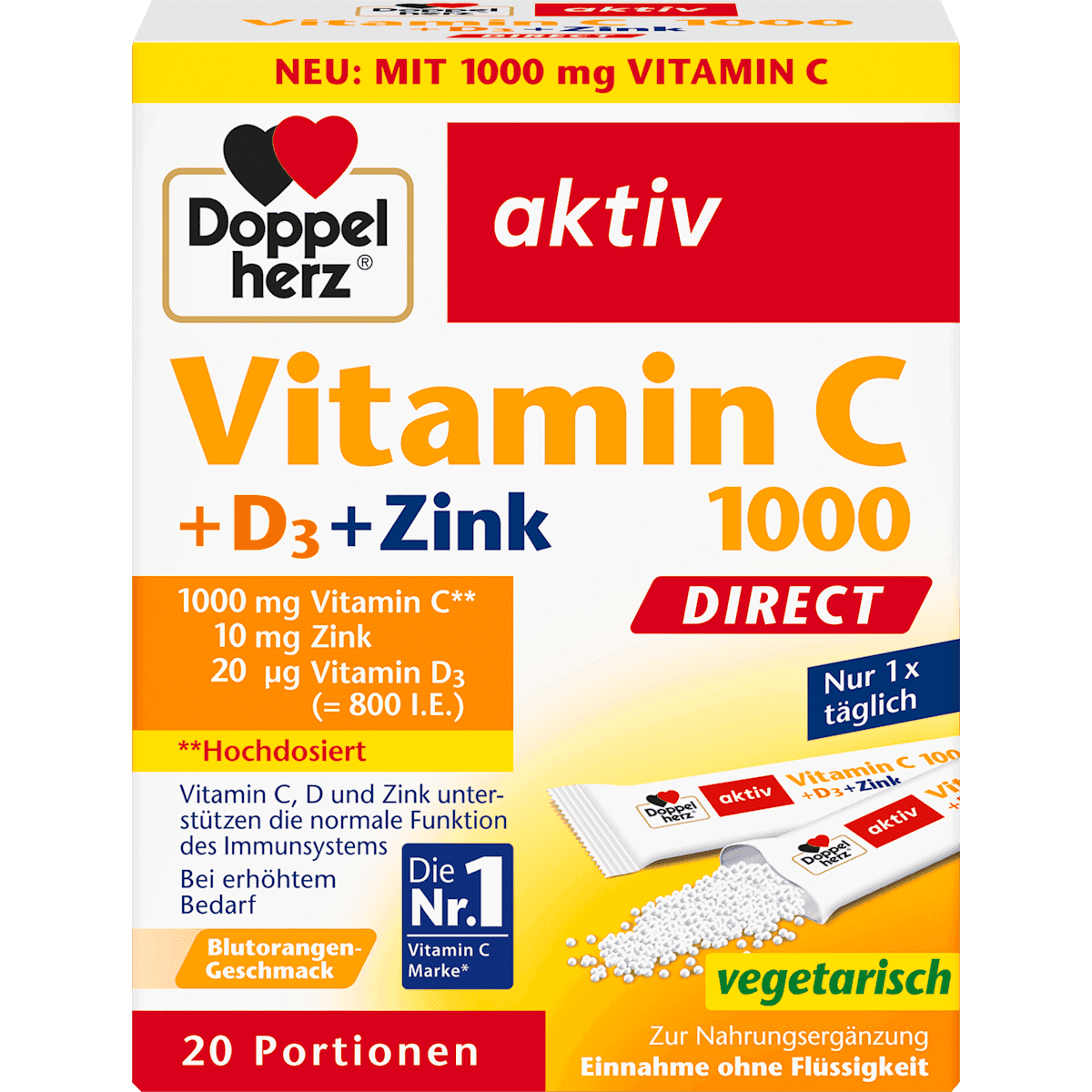 Doppelherz Vitamine C 1000mg + Zinc Direct 20 pièces, 60 g — produit allemand authentique au Maroc