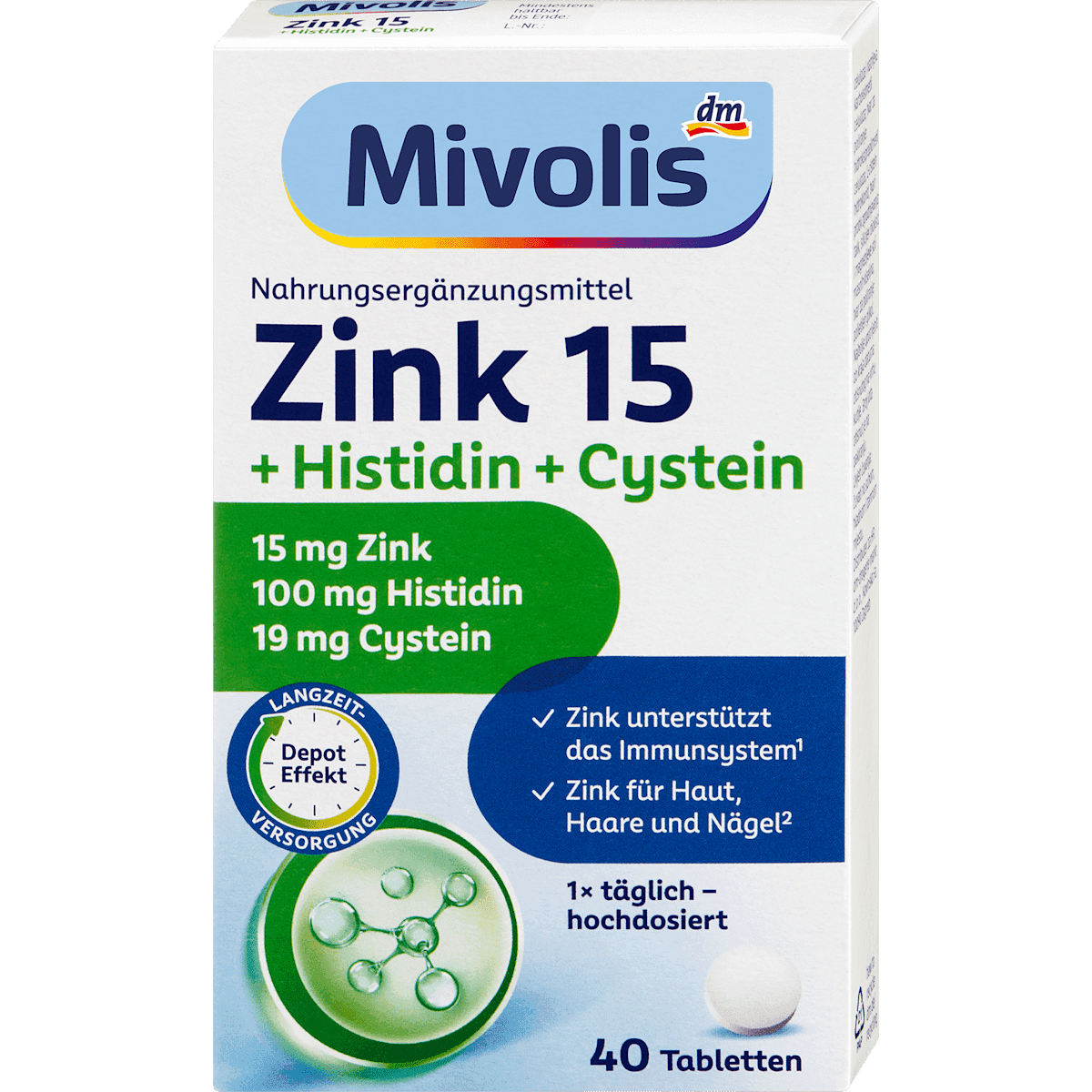 Mivolis Zinc 15 + Histidine + Cystéine comprimés 40 pièces 19 g — produit allemand authentique au Maroc
