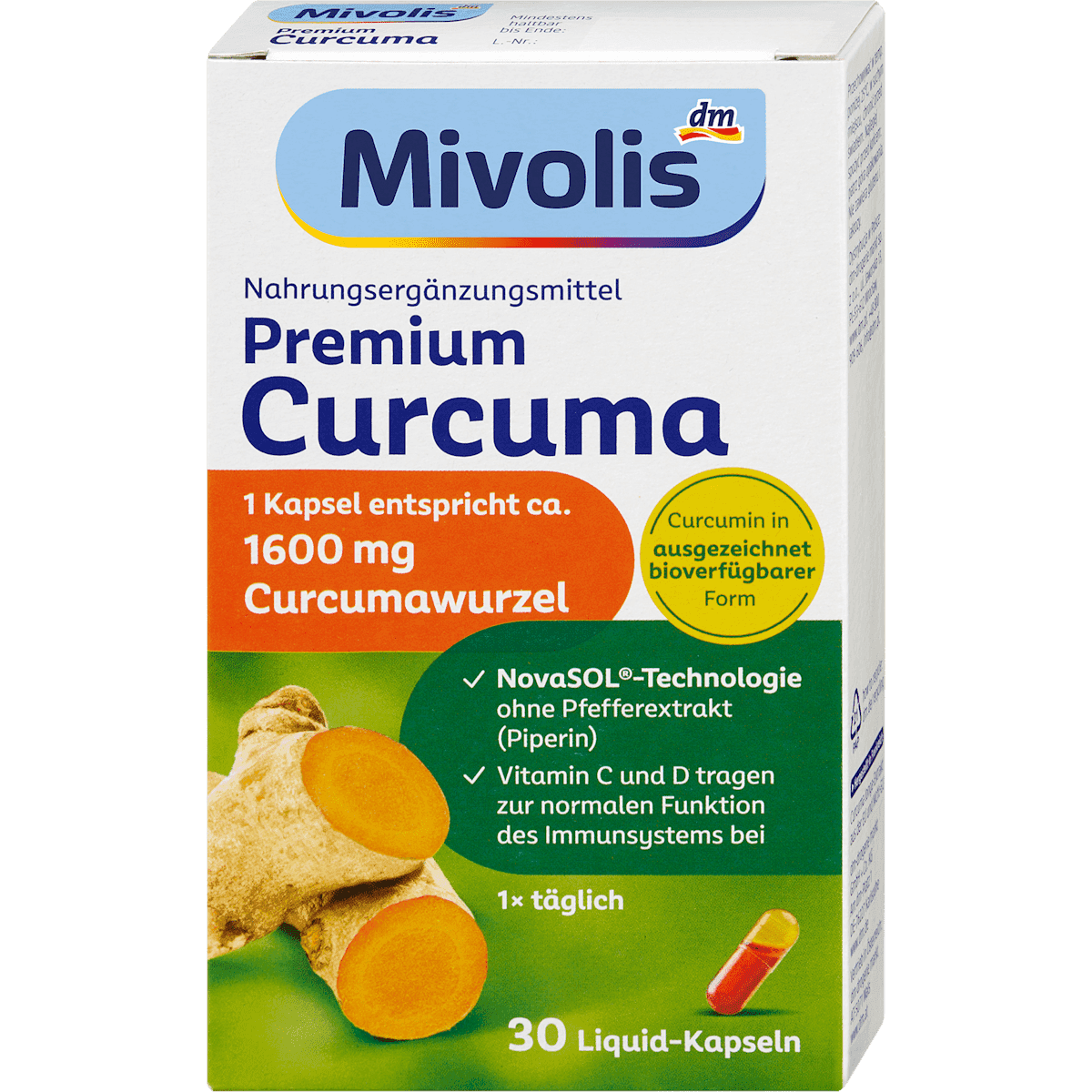 Mivolis Premium curcuma capsules liquides 30 pc 19 g — produit allemand authentique au Maroc
